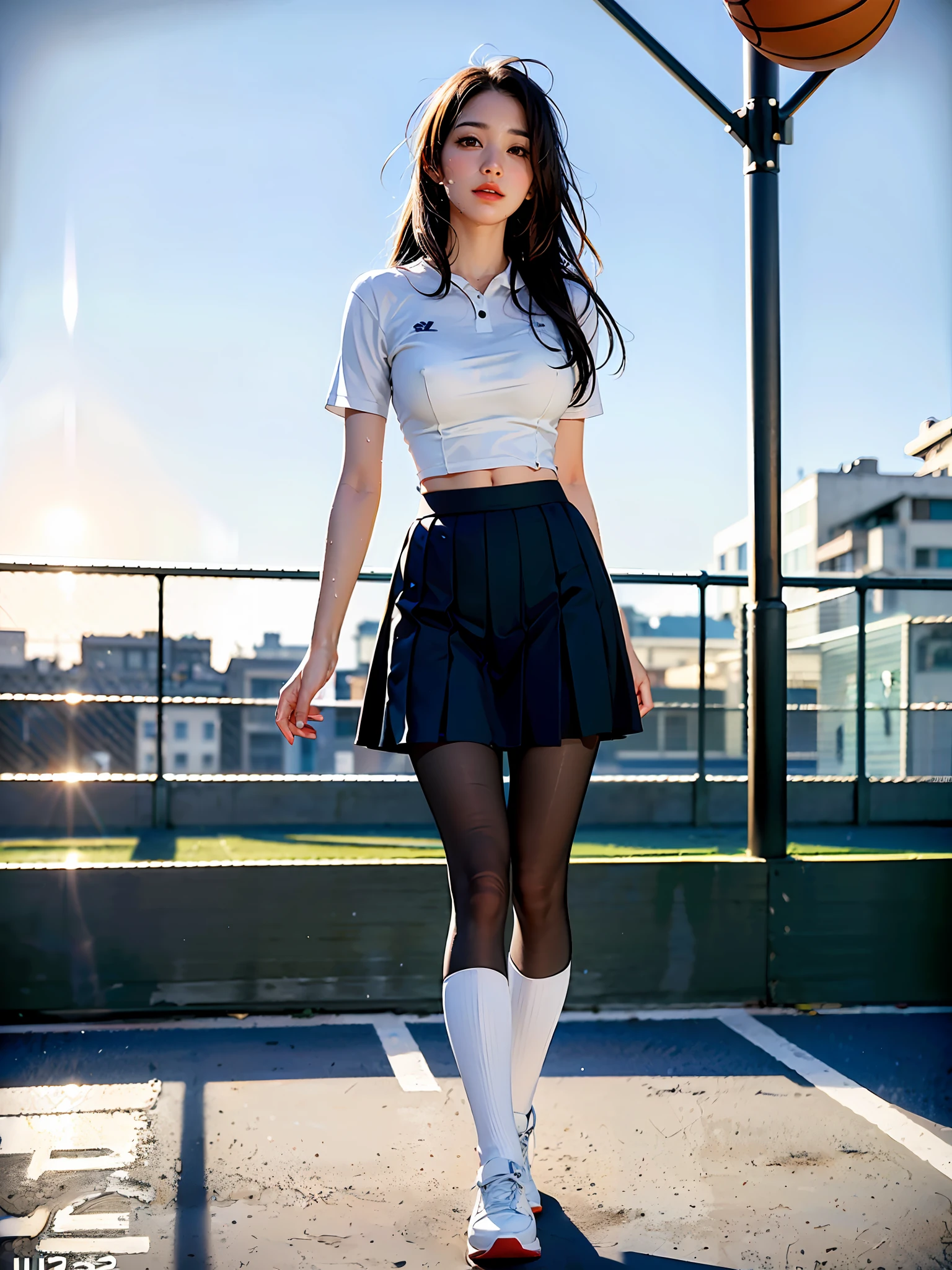 (8k, Best Quality, Masterpiece: 1.2), (Realistic, Realistic: 1.37), Ultra Detailed, Best Quality, Ultra High Resolution, Professional Lighting, Photon Mapping, Radiosity, Physically Based Rendering, Cinematic Lighting, Clear sky, basketball court, depth of field, clear focus, sunlight, good composition, (Bokeh: 1.2) 1girl, single person, (full body), (closed mouth), beautiful detailed eyes, pose, narrow waist, tennis skirt, tennis skirt, tennis clothes, black hair, messy hair, long hair blowing in the wind, (ulzzang-6500:1.2), pantyhose, (rain, perspective, wet shirt, wet hair, wet clothes: 1.2 ),
