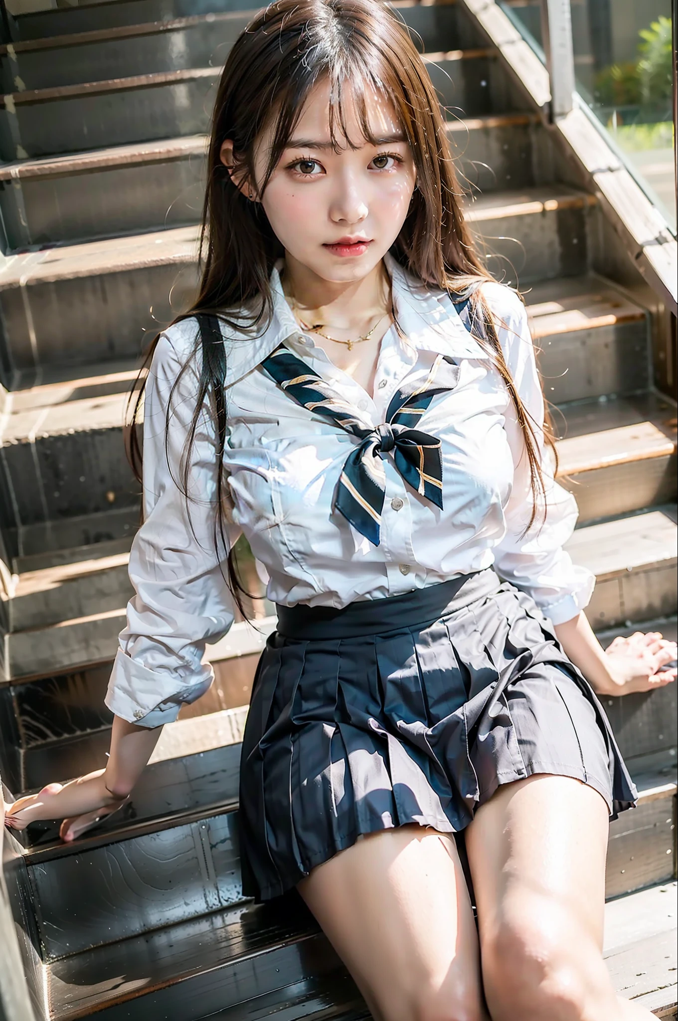 Best quality at best , High accuracy , Perfect Lighting , RAW phenomenon , Beautiful skin , 1 Japan Beautiful schoolgirl、Shinei High School Uniform(White blouse、Check skirt)、Obscene big breasts、Obscene legs、Pants visible from between the crotches、Raw feet、detailed face with、Going down the stairs