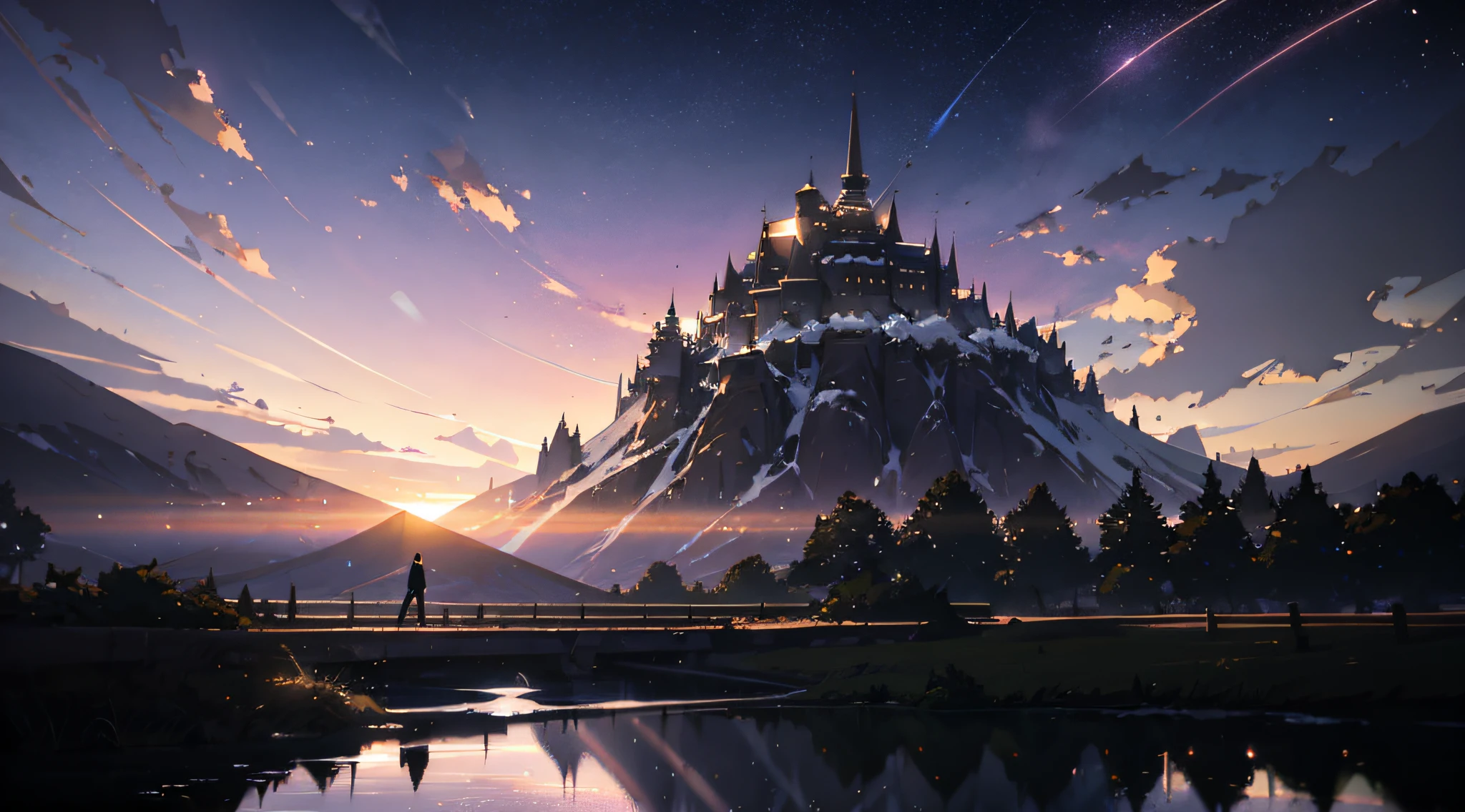 (((Makoto Shinkai style)),pixiv,anime drawing,high quality,pink purple sky,beautiful scene),(universe,train passing,magical realism,((makoto shinkai style)) ::0.8), [Artistic Atmosphere, Atmosphere:0.8, Starry Sky, Hills, Snow Mountain, Sparkling Water, Grass, Trees, Smoke, Stars, Low Angle of View, Specular Scattering,