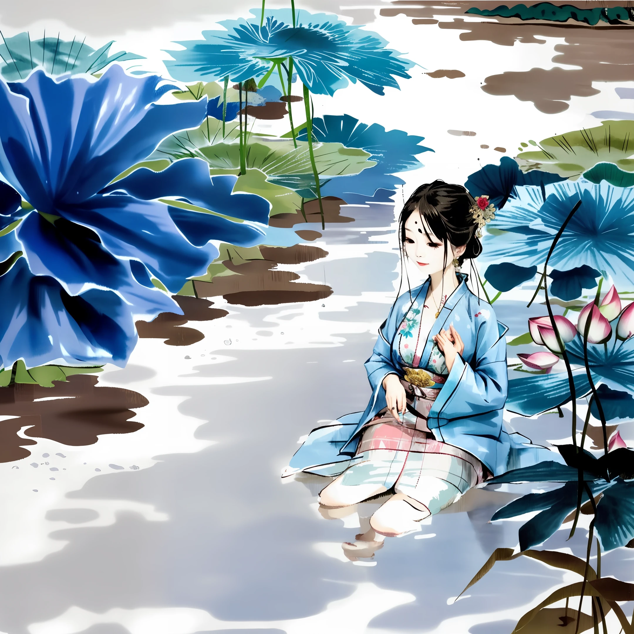 a charming woman with 2 hands, 2 legs, delicate face, normal face, sitting on the shore of a lake with lotus flowers around her, traditional chinese dress with not a lot clotting on her, her clothes are wet enough that her two on her medium sized breast are able to be seen