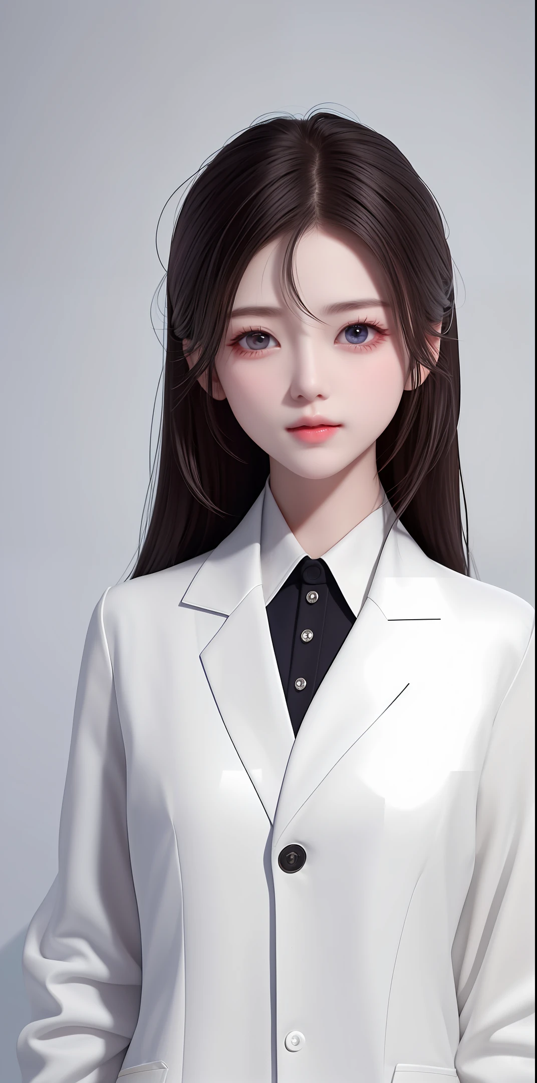 A dark-haired，One meter five，Half-body diagram，The skin is smooth and delicate，A high resolution，length hair，white coats，