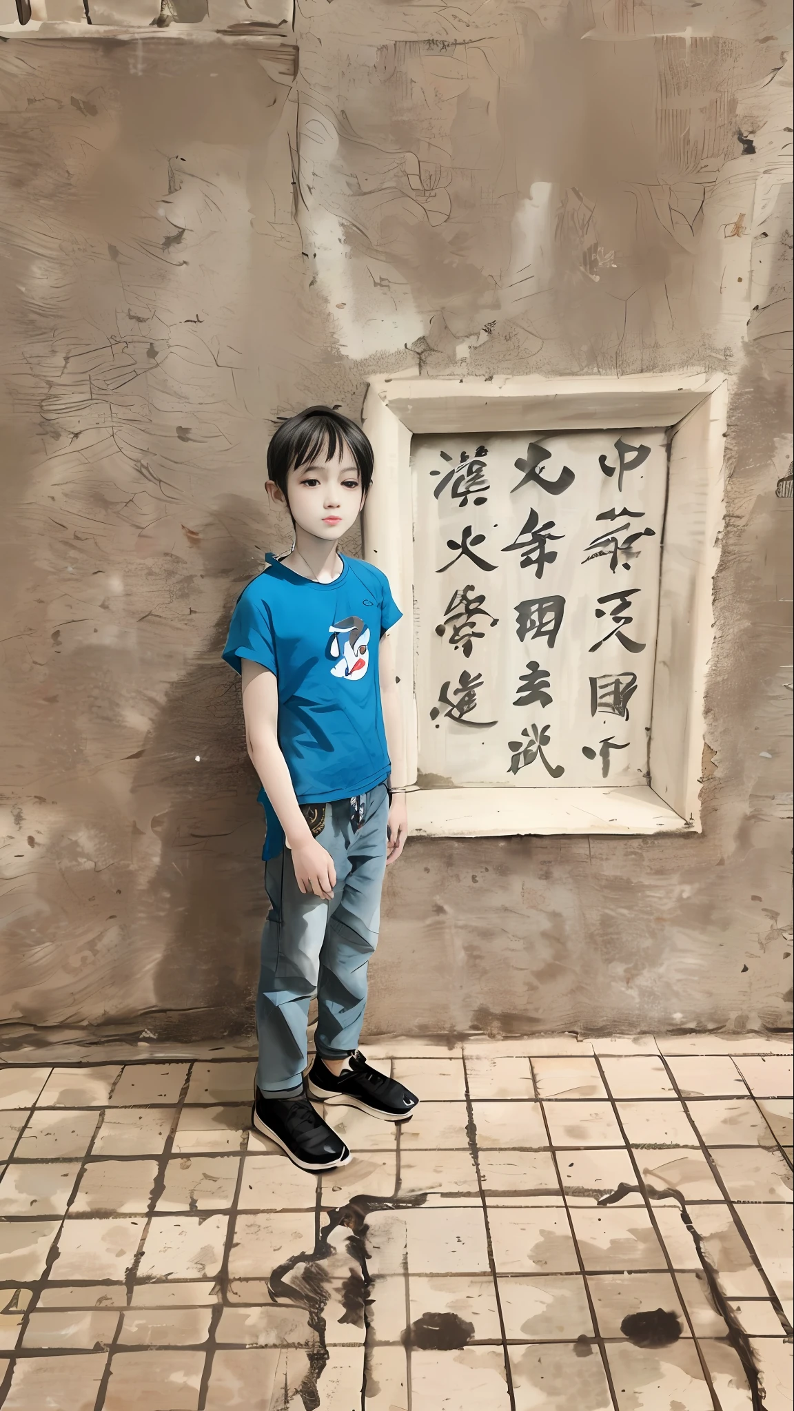 arafed boy standing in front of a wall with chinese writing, inspired by Zhang Zongcang, clothed in ancient street wear, Chinese tradition, jia ruan, chinese artist, inspired by Hu Jieqing, inspired by Yan Liben, inspired by Xie Huan, inspired by Zhang Sengyao, Li Zixin, inspired by Zhang Zeduan