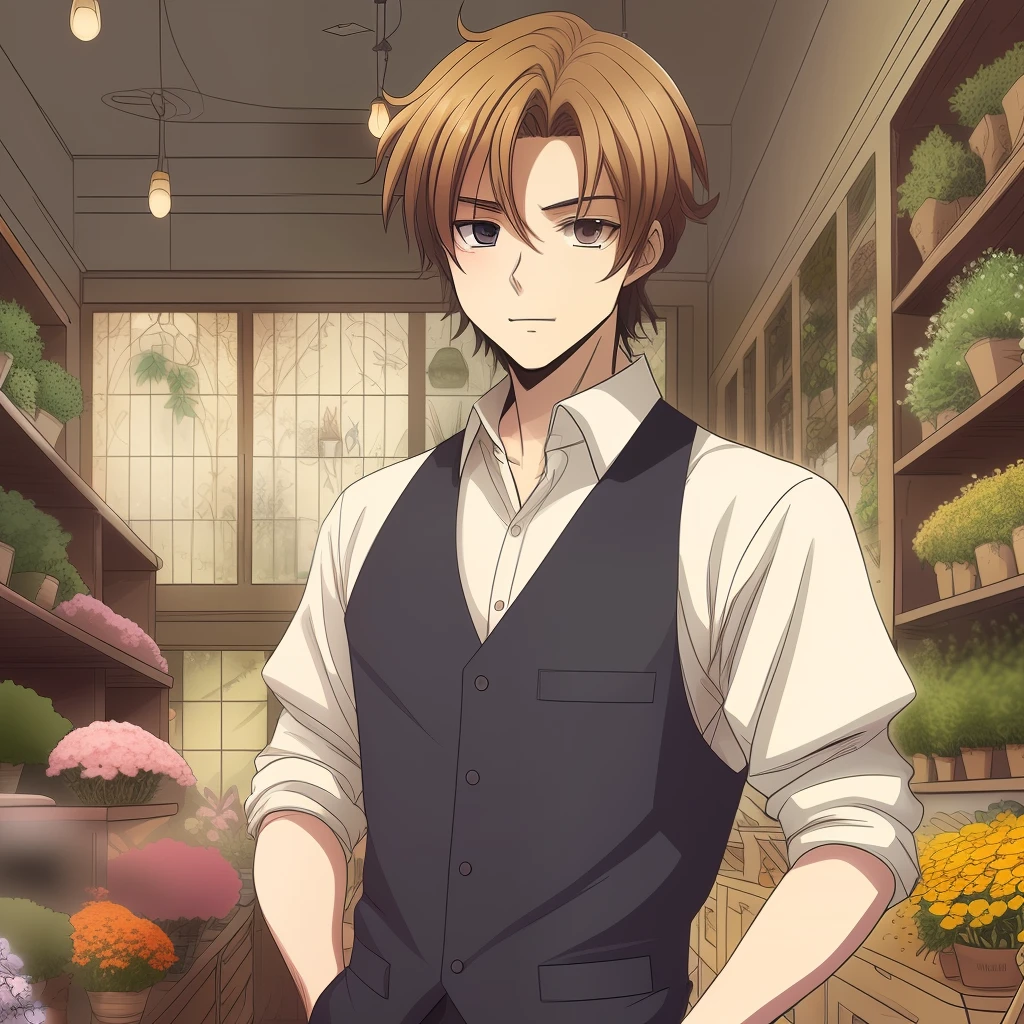 a man with curly blond hair, angelic features, full mouth, green eyes, long eyelashes, 1.68 m tall, thin and slender, delicate body, working in a small and charming flower shop. manga style image. --auto --s2