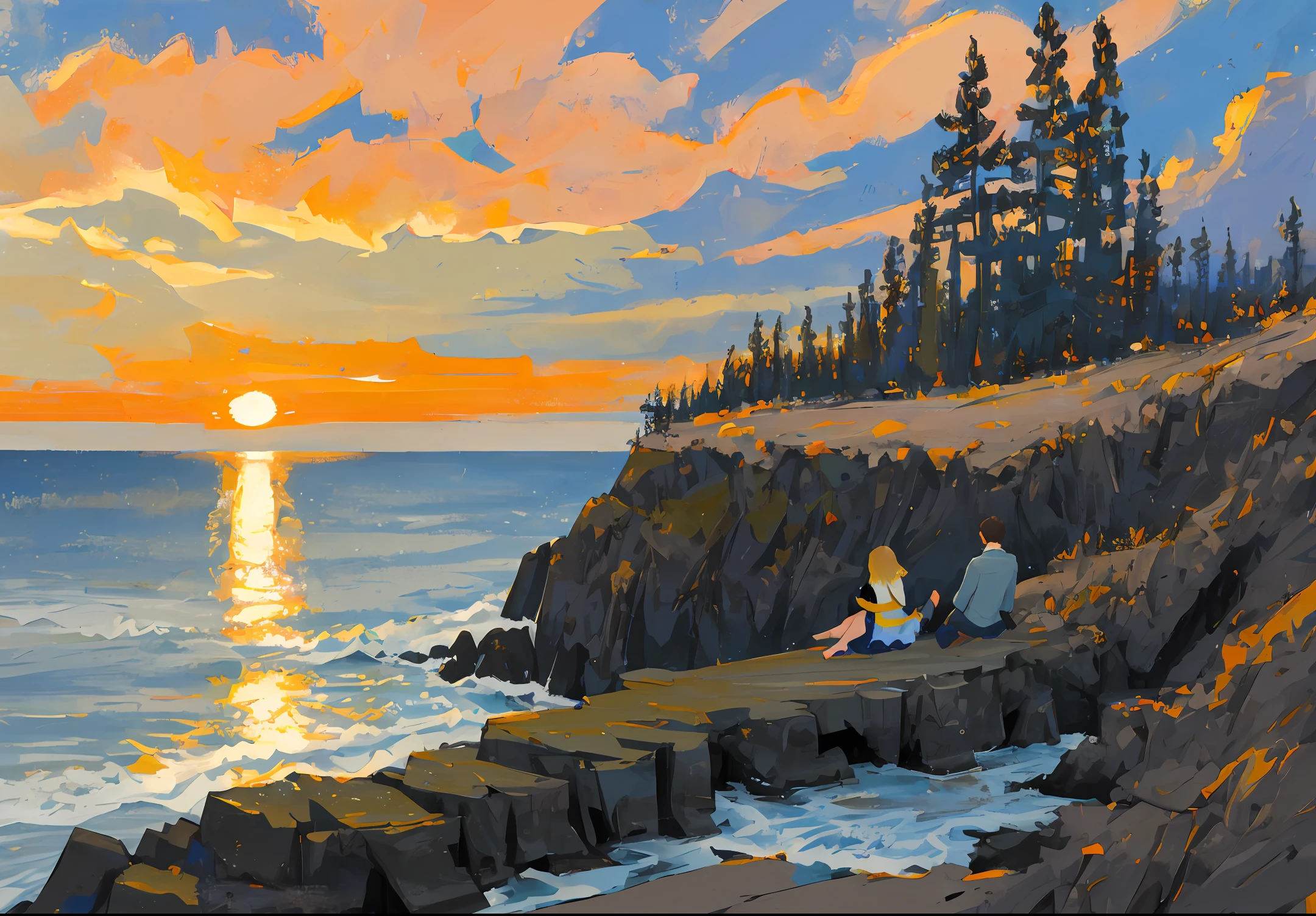 A couple sitting on a cliff by the sea，In front of you is the sunset and the sea