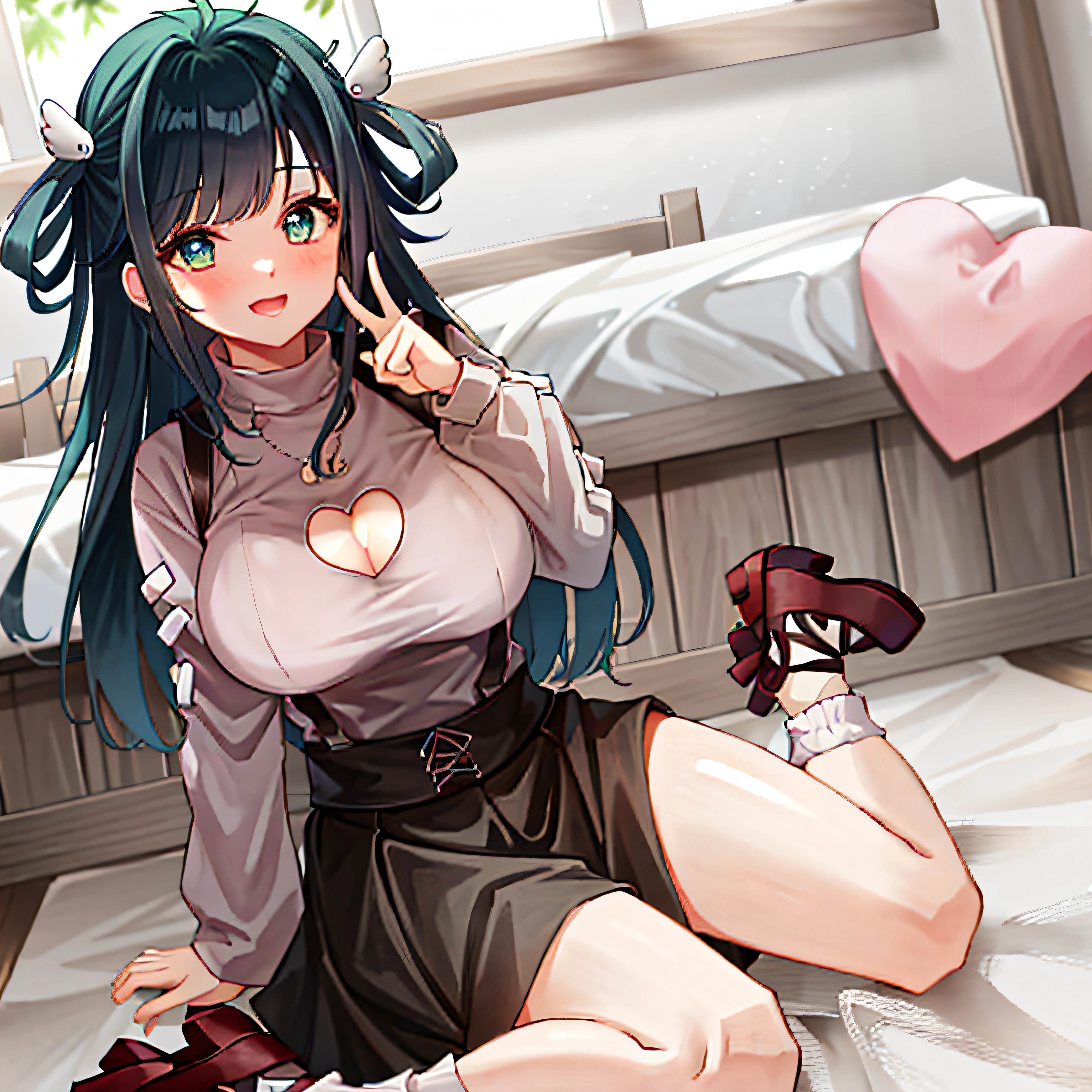 nene amano, 1girll, Breasts, solo, cleavage, Skirt, Large breasts, clothing cutout, cleavage cutout, Smile, Sitting, wariza, view the viewer, Open mouth, Black skirt, Pink shirt, Blush, Long sleeves, Socks, brownfootwear, heart cutout, Suspenders,Uma personagem feminina: She smiled brightly,The eyes are bent into a crescent moon,Revealing sweet and tender emotions。She has big bright eyes,The eyes shone with joy and pampering。A faint flush flushed on her cheeks,Exudes youthful vitality and love。