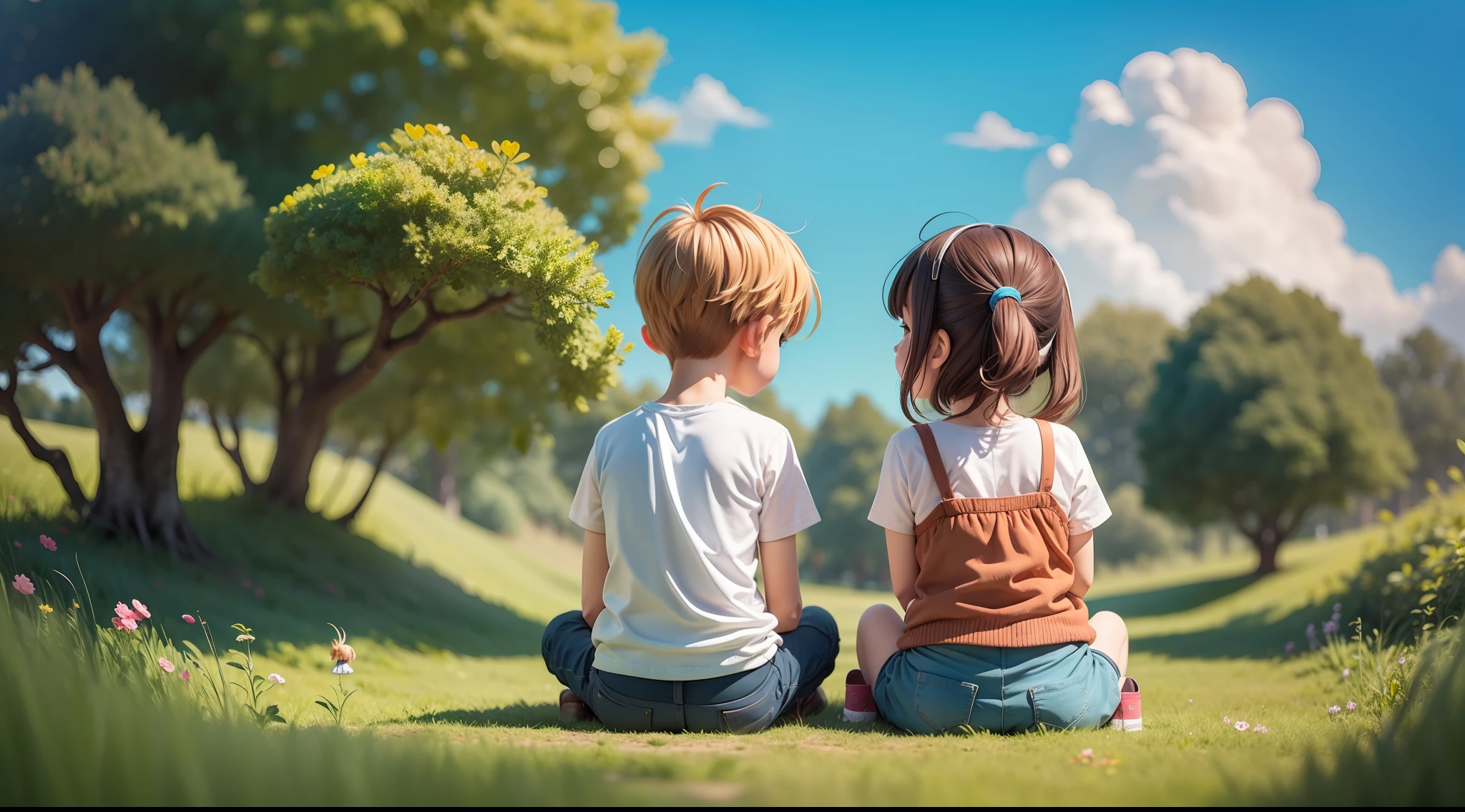 Rural nature,A boy and a girl sit side by side on the grass,Back Shadow,Look up at the cloudless blue sky,chibi,full body