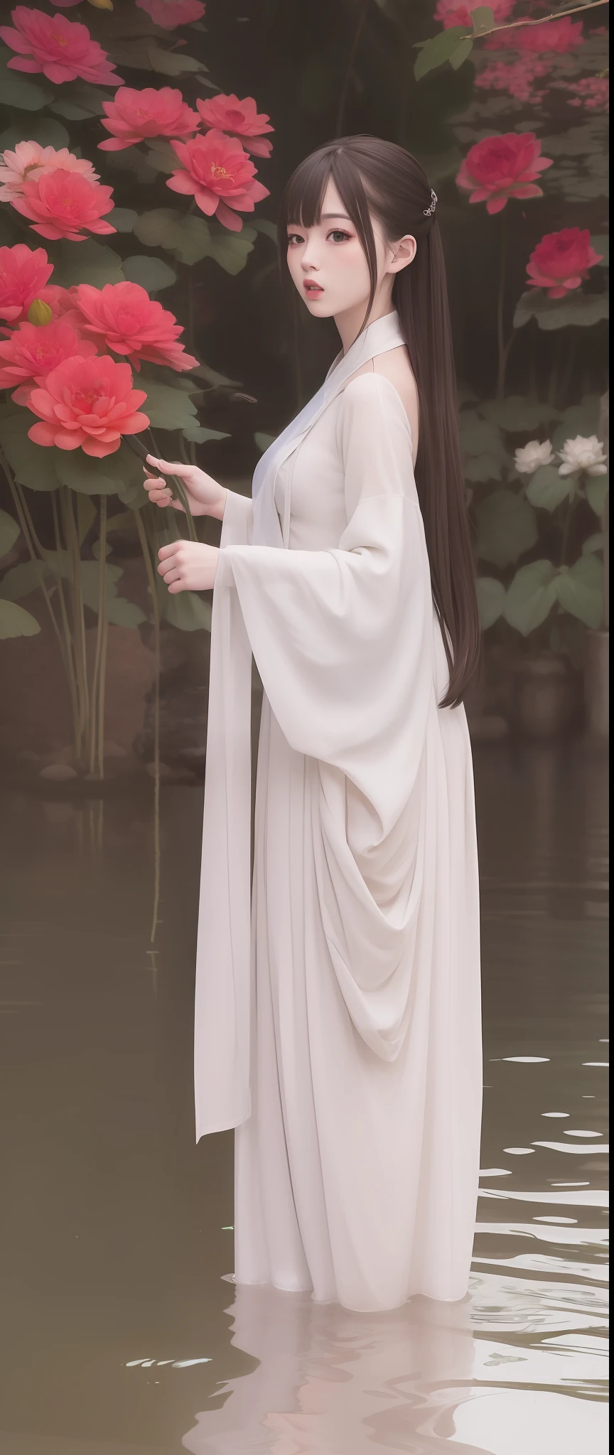 ((4k,masterpiece,best quality)), shuimobysim, Traditional chinese painting, lotuses, Hanfu, maxiskit, Dress revealingly,1girl, solo, White Very Long Hair, Anger, standingn, Feet in the water, bare footed,Purple eye