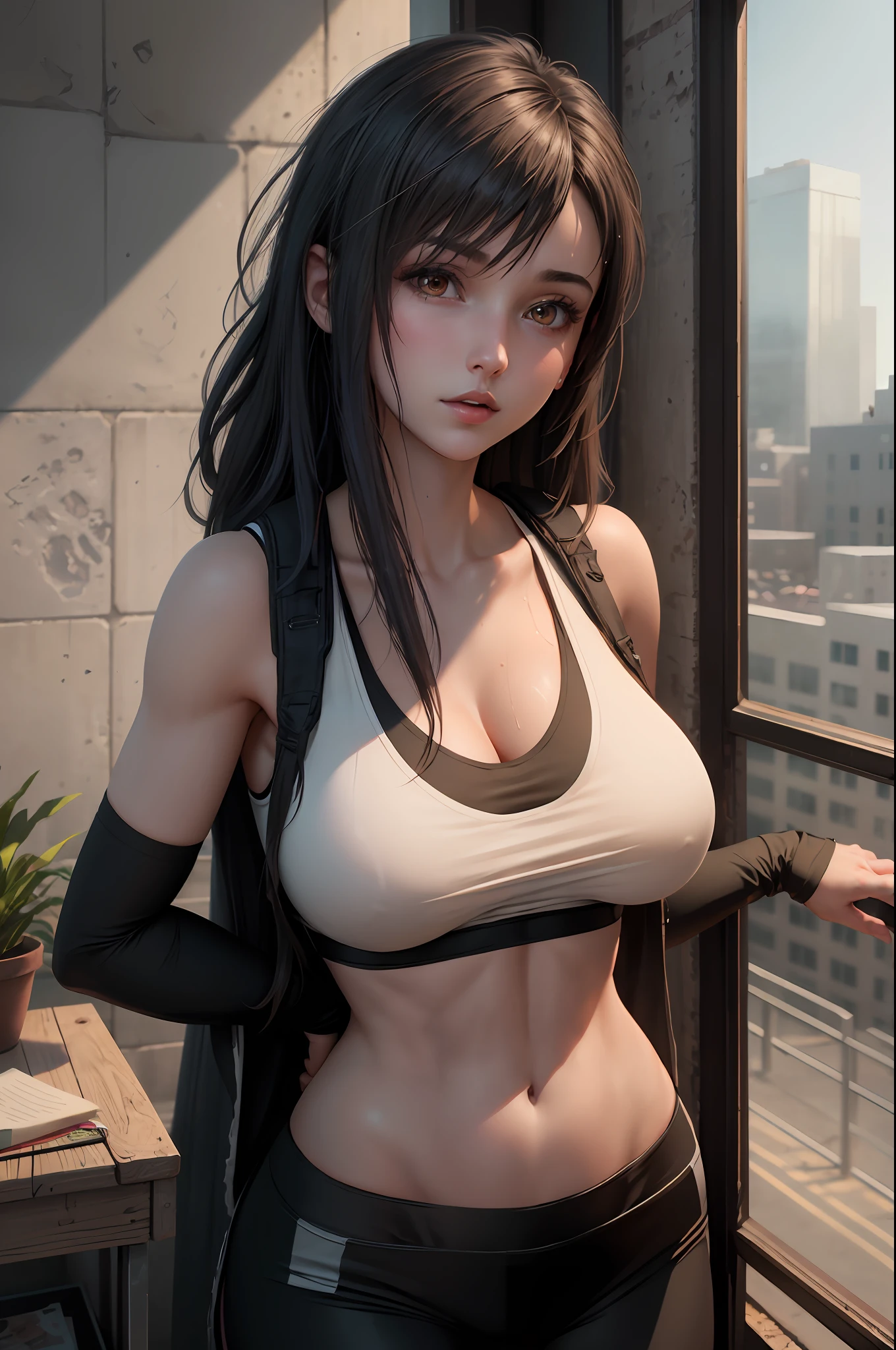 4k highly detailed realistic, upper body, photo of beautiful 18 year old girl, large tits, in wet clothes standing by the modern industrial bedroom window in a tall building with brick walls in a white sports bra with a deep neckline and black yoga shorts