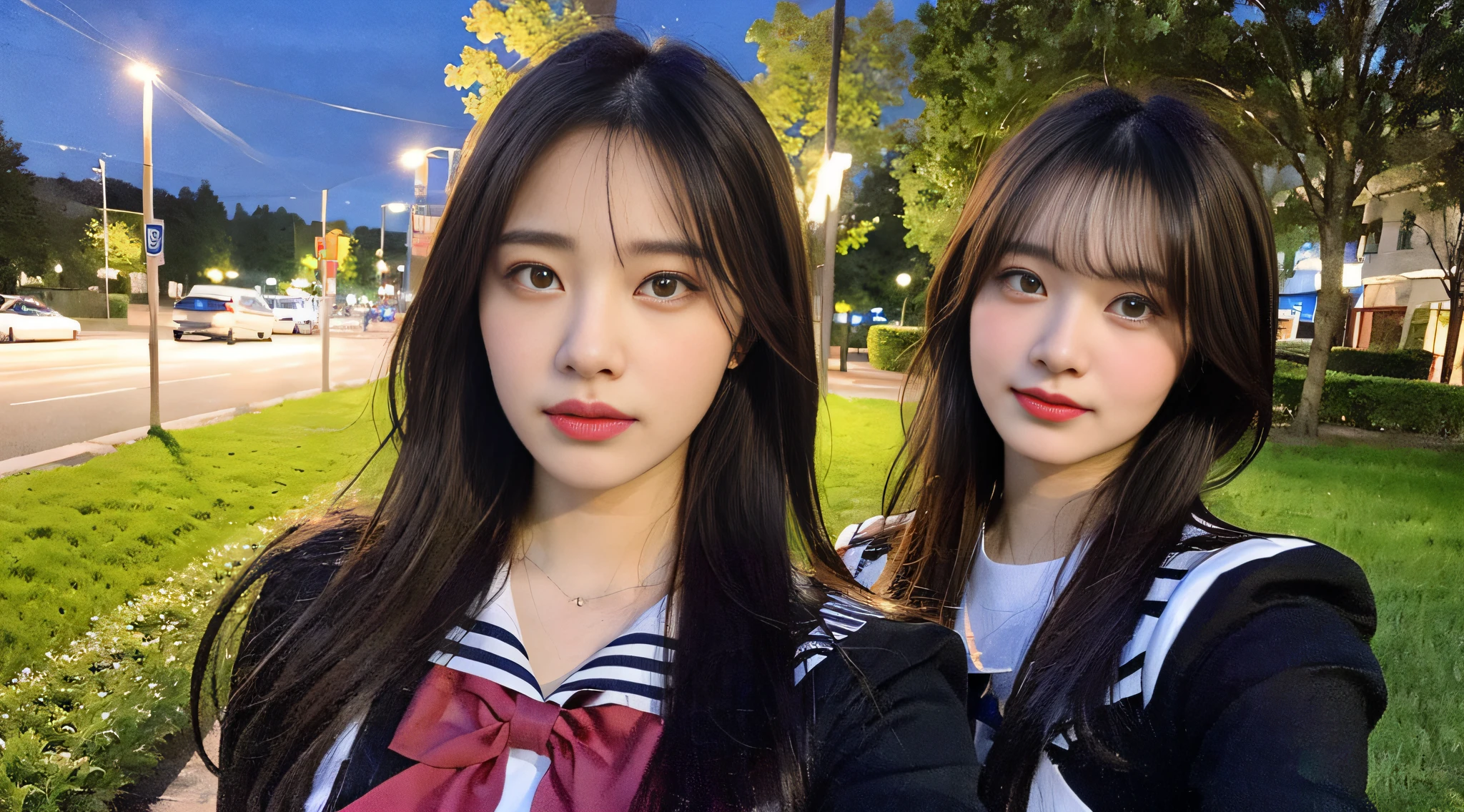 (8K,Raw photo、Raw photo、beste-Qualit、Master masterpiece:1.2)、ambient lights、ultra-detailliert、Super Resolution、(Hphotorealistic:1.5)、high resolution RAW color photos、professional photograpy、(Very beautiful and detailed night tree-lined avenue 1:1.37)((A beautiful moonlit night))、fullmoon、Very detailed and beautiful、Ultra-high image quality、High school girl in sailor suit、(Puffy cheeks)Detailed uniforms、Each face has its own distinctive features、Different face patterns、Farbe々Hairstyle、Brown hair fluttering in the night breeze、Hair swaying and sexy、Very detailed beautiful girl、(Pink Eye Shadow)、Red tie、Puffing up face、Pouting、Puffy face、He looks at me with his face puffed up.、Burikko、Buriko Pose