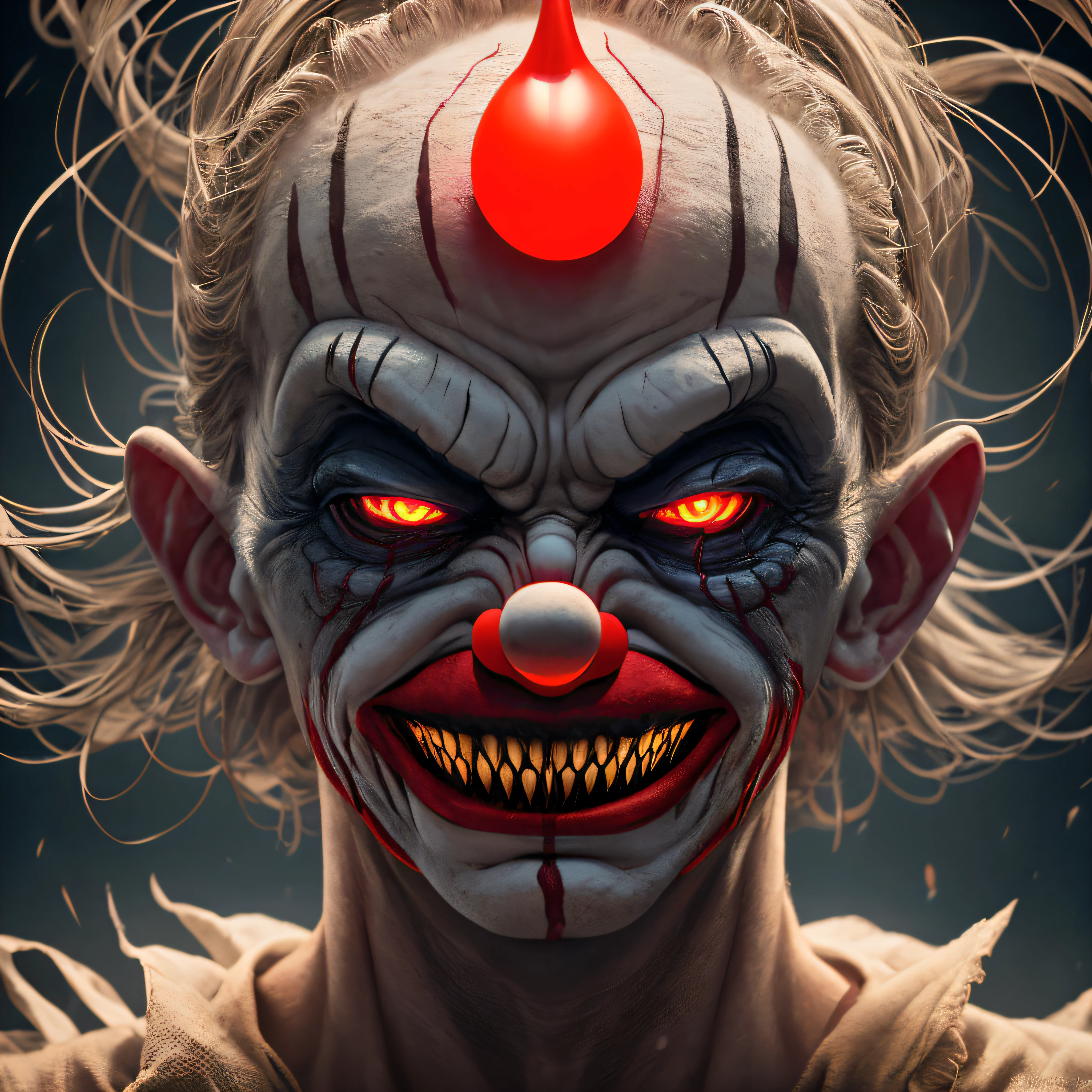 Nightmarish Transformation A series of images depicting the gradual transformation of a once innocent clown into an evil entity, showcasing the gradual corruption and darkness taking hold, Ultra realism, color field printing, high detail, UHD, 8k, anatomically correct, cinematic lighting 4d quality --auto