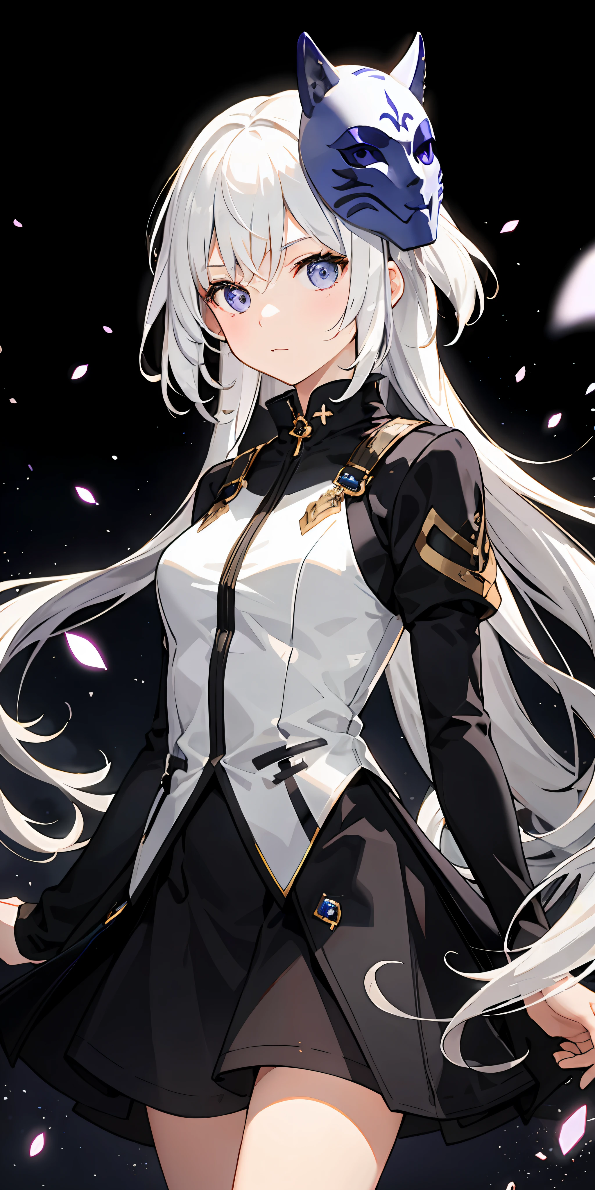A white-haired girl wearing a mask,She stands sideways in the space surrounded by particles of light,Colorful hair is gently fluttering,Purple eyes narrowed slightly。Behind it is gorgeous wallpaper,It presents a mysterious and elegant atmosphere。