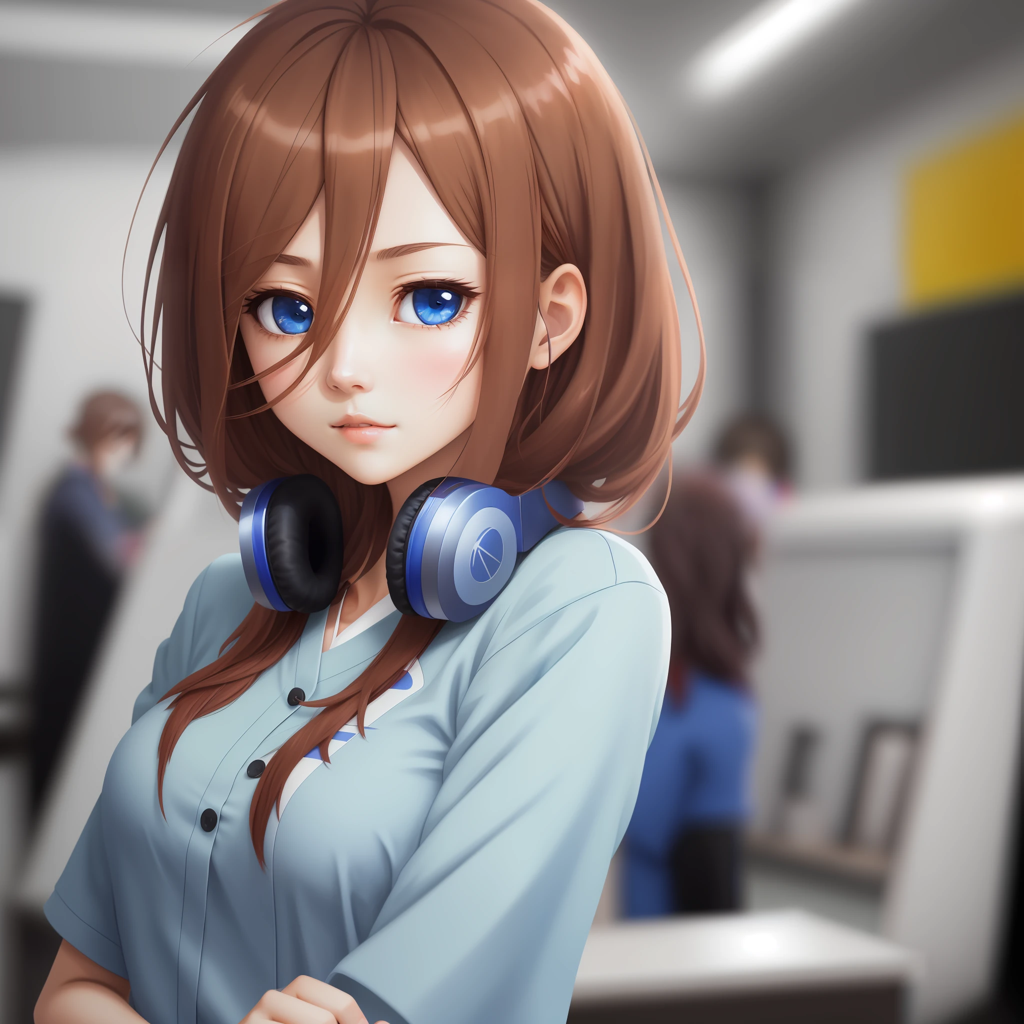 Brown hair,anime girl's name is Nakano Sanjiu, blue eyes, blue headphones, black silk, shyness, upper body, wallpaper, hands behind your back, high detail, anime, anime style, depth of field, ray tracing, high quality, high details, best quality, highres, 16k, masterpiece, UHD