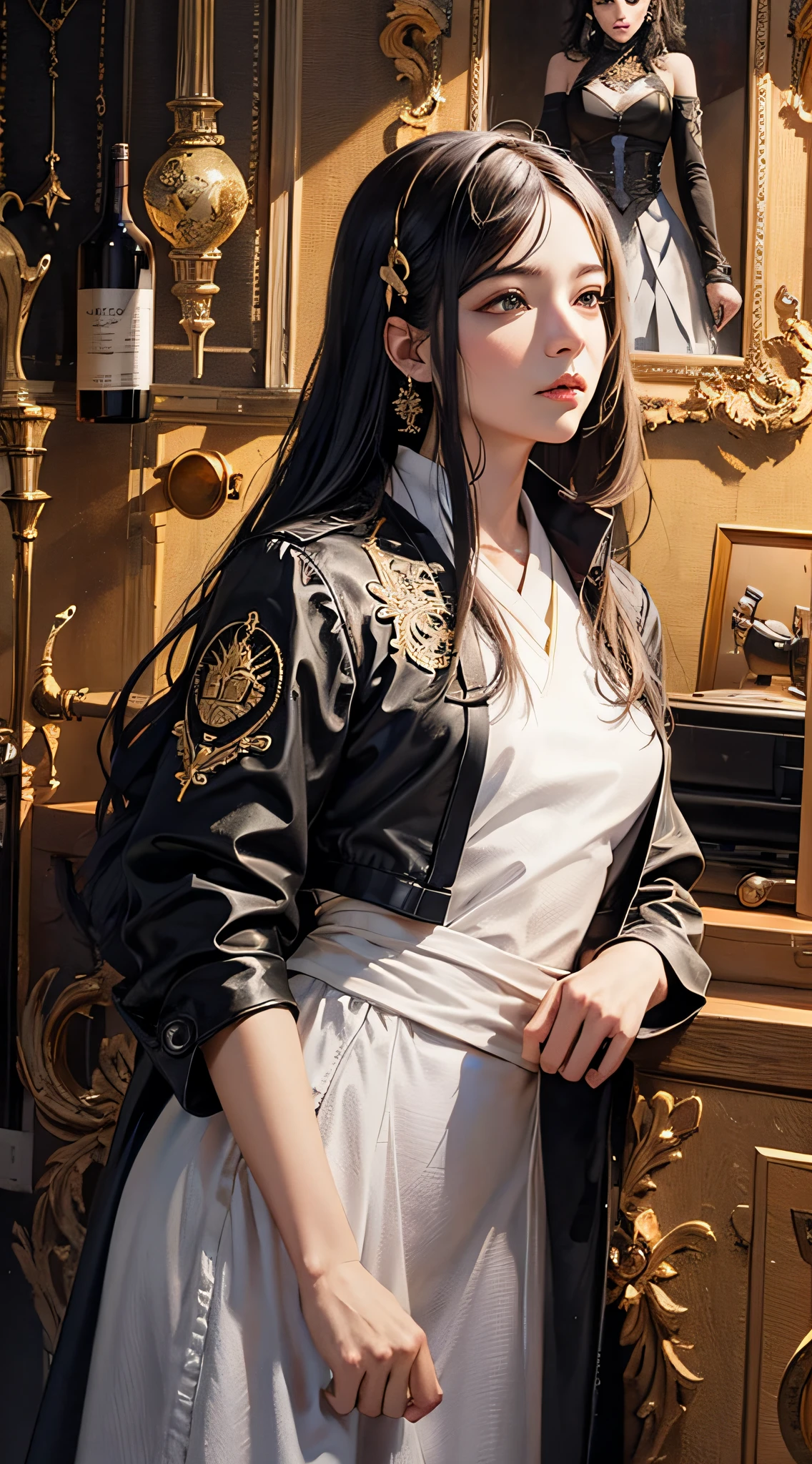 (tmasterpiece,top Quority,best qualtiy,offcial art,Beautiful and aesthetic:1.2),(1girll),waist-up,Tang suit,Hanfu,cyber punk style,mechs,Extremely detailed,Colorful,highestdetailed,offcial art,统一 8k 壁纸,ultra detali,Beautiful and aesthetic,beatifull,tmasterpiece,best qualtiy,(zentangle,a Mandala,Tangles,entangled),holy glow,gold foil,Gold leaf art,glitter drawing,PerfectNwsjMajic