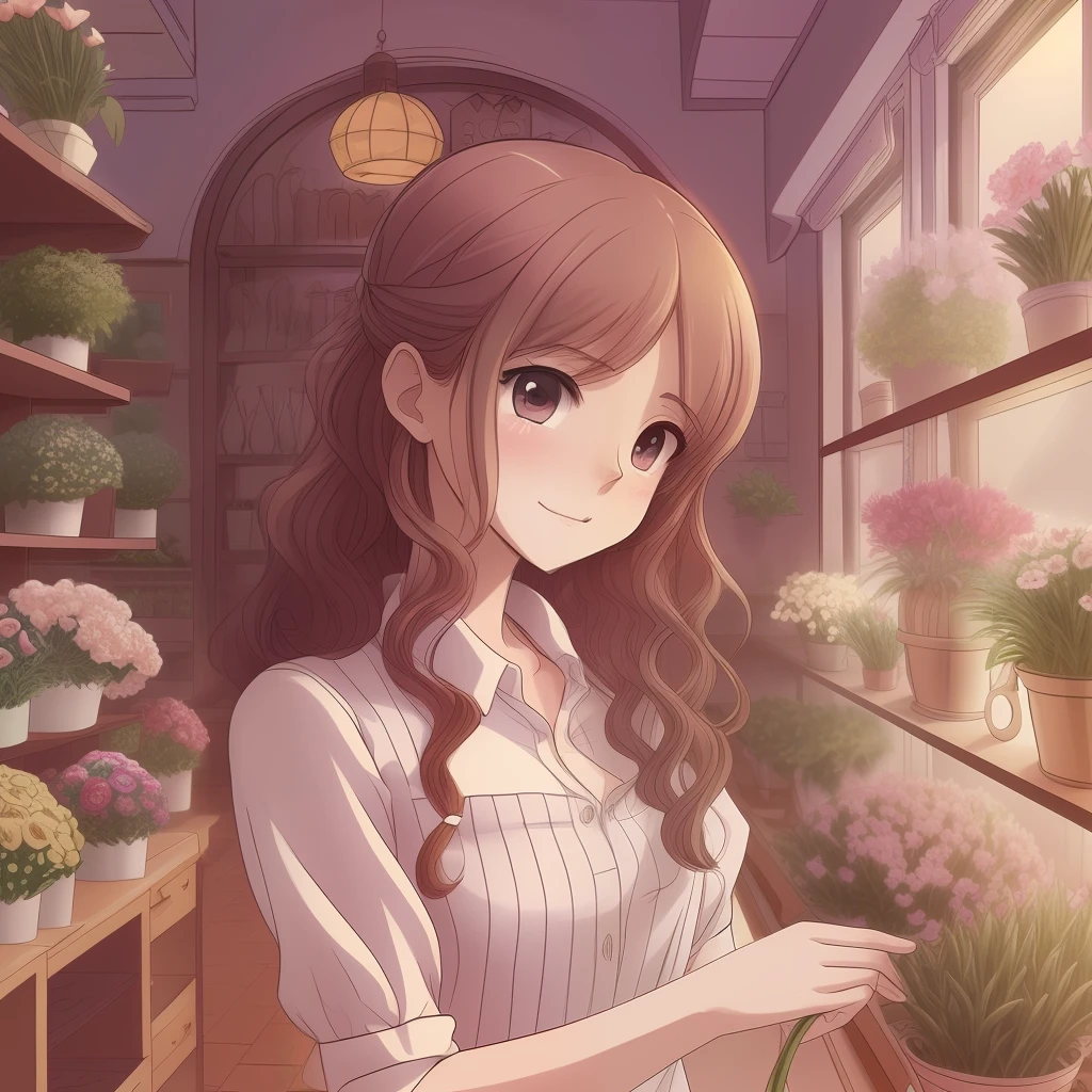 a man with curly blond hair, angelic features, full mouth, green eyes, long eyelashes, 1.68 m tall, thin and slender, delicate body, working in a small and charming flower shop. manga style image. --auto --s2