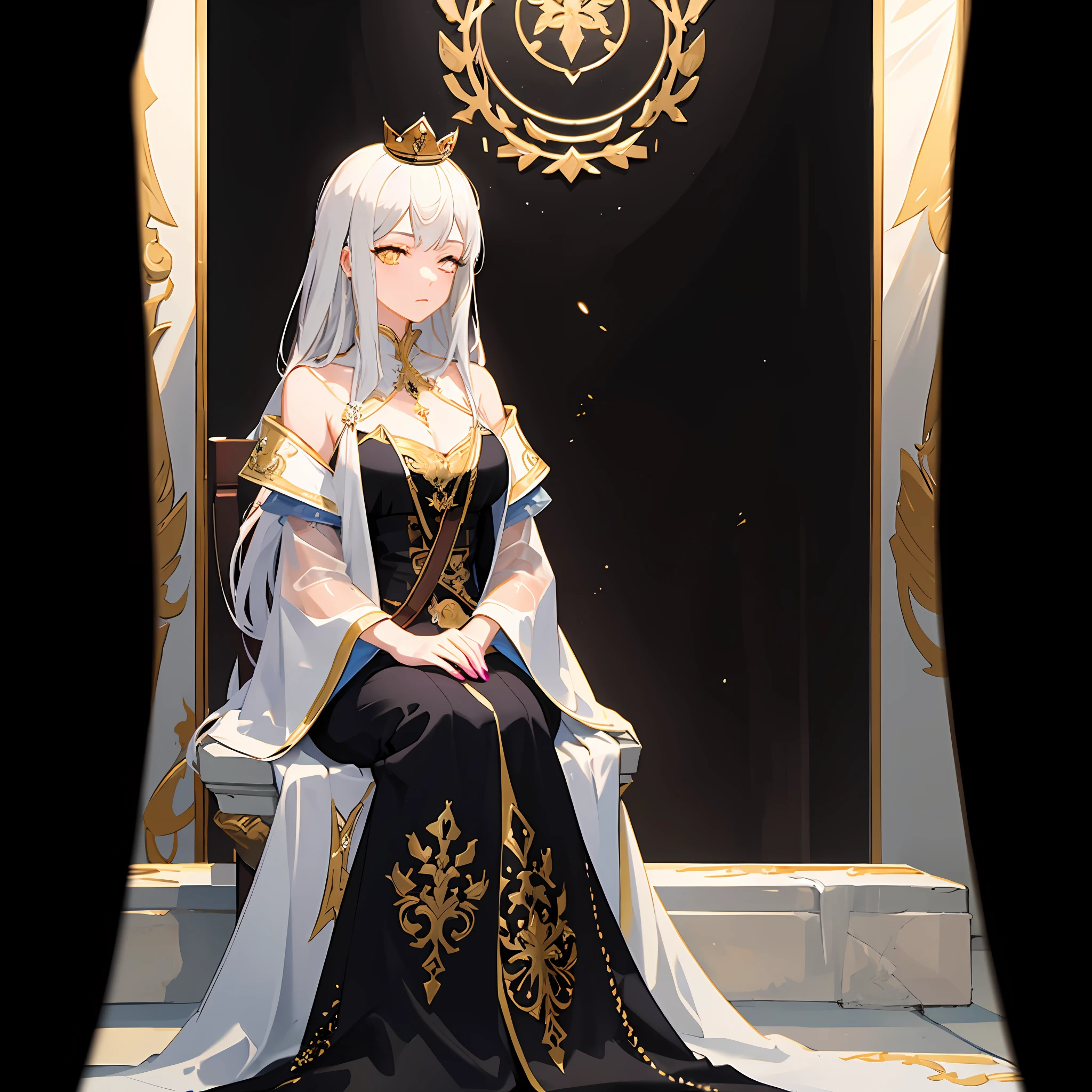 (Masterpiece:1.2), best quality, (illustration:1.2), (ultra-detailed), hyper details, (delicate detailed), (intricate details), (cinematic light, best quality Backlights), clear line, from below, soloist, perfect body, (1girl), white hair and yellow eyes, (emperor, black see-through clothes), (crown: 1.1), sitting on the throne, eyes slightly closed, head down, (shy: 1.2 ), (makeup), high contrast, (best illumination, an extremely create and beautiful), (cinematic light), colorful,