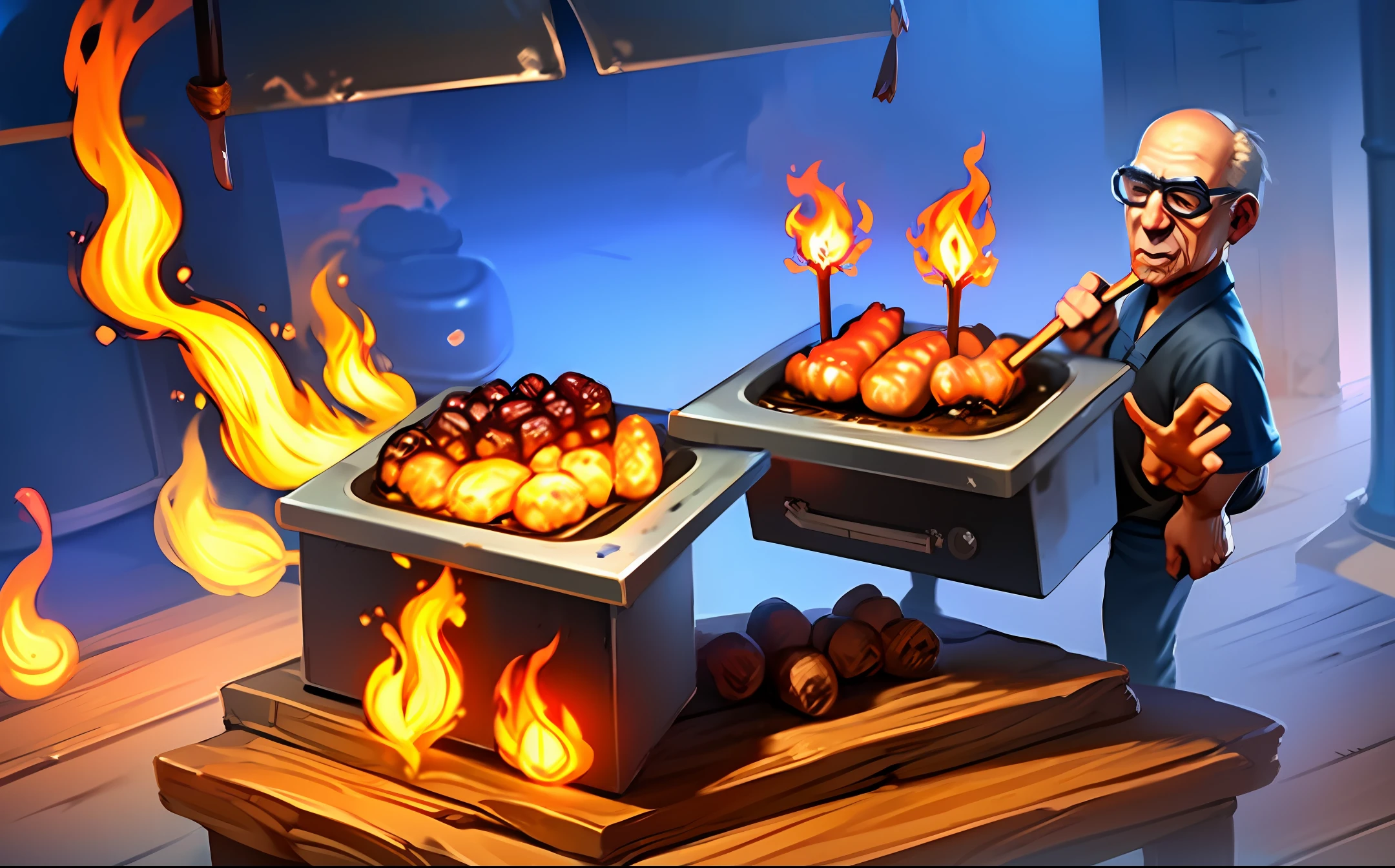 Old man barbecue stall stick figure drawing flame