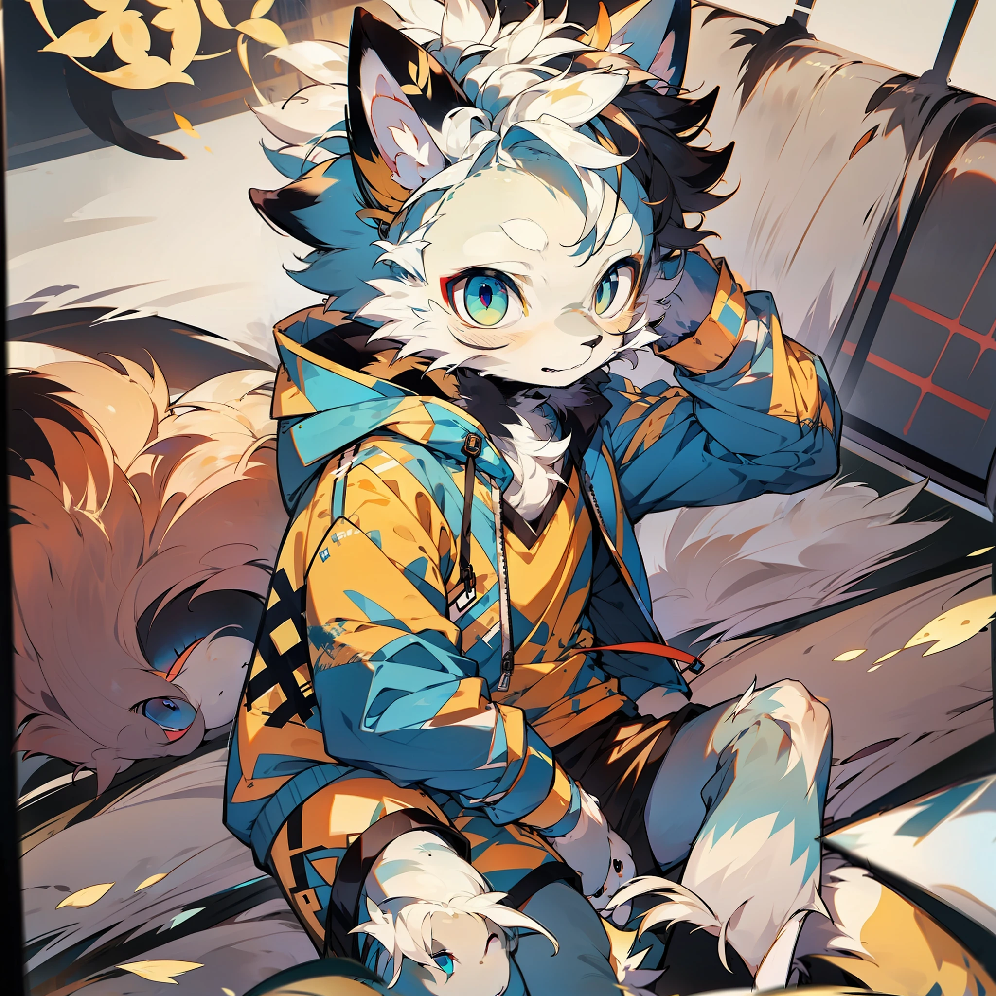 shota,furry,cute,lovely,yellow fur,white ears,blue eyes,yellow hoodie,dark blue shorts