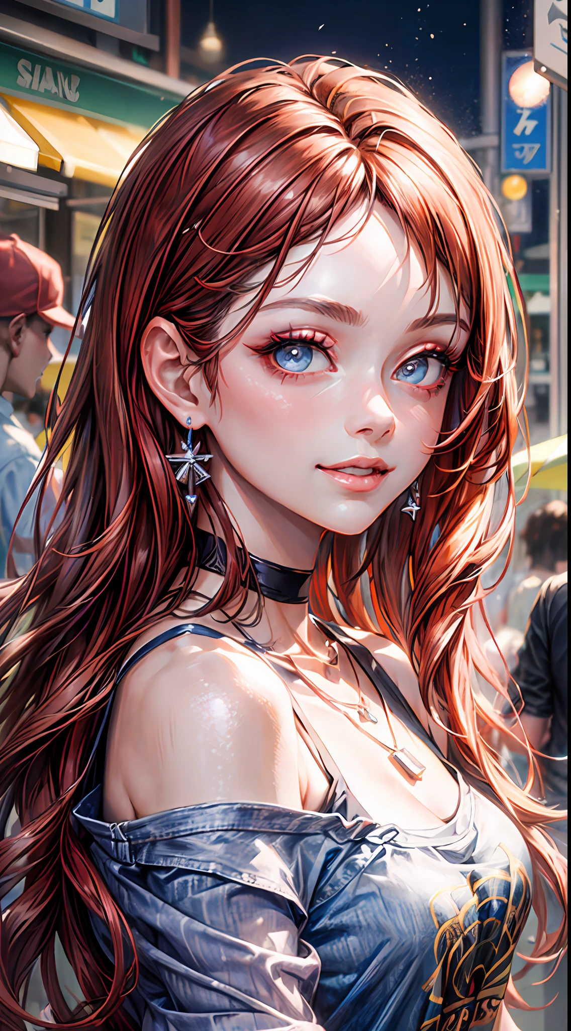(masterpiece:1.2), (best quality:1.2), perfect eyes, perfect face, perfect lighting, 1girl, mature female, smiling, long red hair, straight hair, sophisticated haircut, stylish, single bare shoulder shirt long, music band print, jewelry, necklace, earrings, armlets, lacey choker, belt, low cut black jeans, thick eyelashes, makeup, eyeshadow, detailed mall background, crowd