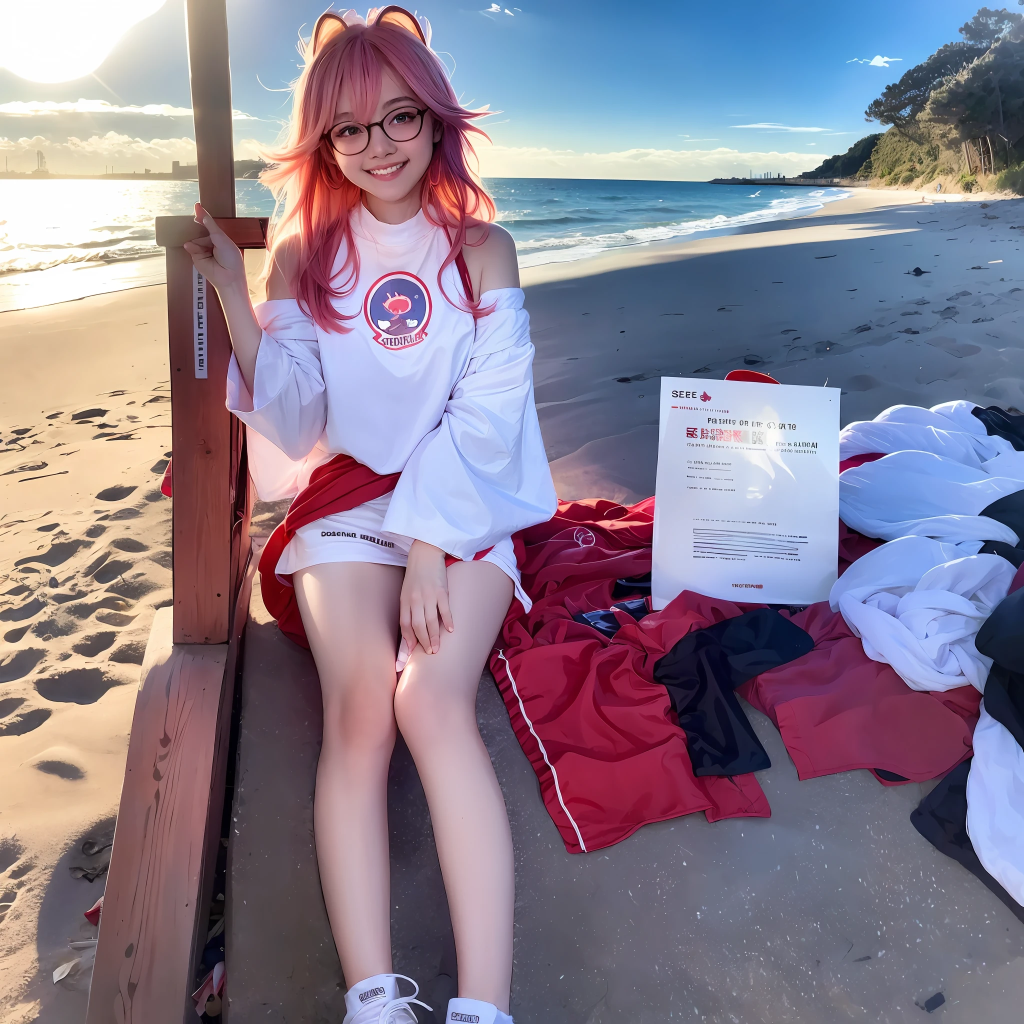 Glasses girl，High ponytail，18yrs old，JK packing，beachside，and the sun was shining brightly，ssmile，Side Body，white short socks