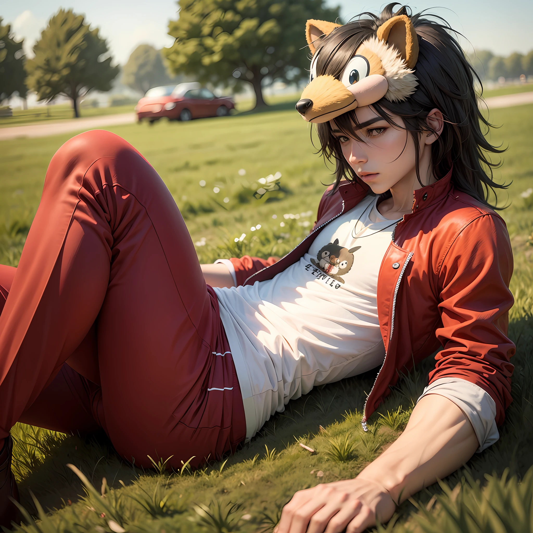 On the green grass, a male protagonist wearing a hedgehog head in red and white clothes --auto