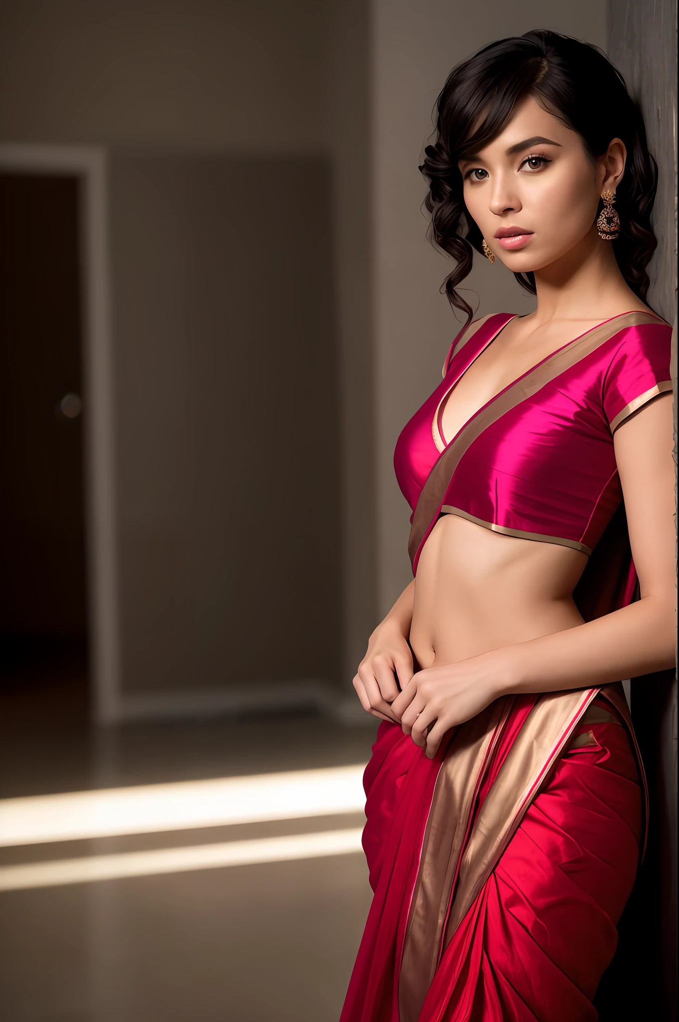(Realistic), (masterpiece), Beautiful 30 year old woman, (Karen Gillan:Brie Larson:0.5), medium length curly red-black hair, high detail plunging colourful sari, strong athletic body, small breasts:1.2, indoor background, 8k, (insanely detailed:1.5), full body photograph, 20 megapixel, canon eos r3, detailed skin, rim lighting, backlit, studio lighting