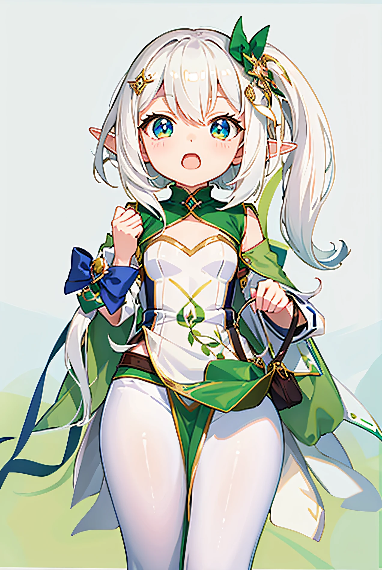 anime girl with white hair and green dress holding a green and white bag, Elf Girl, alluring elf princess knight, elf girl wearing an flower suit, she has elf ears and gold eyes, (((mad))) Elf Princess, Elf Princess, shadowverse style, small curvaceous loli, holding a pudica pose, An elf queen, fairy queen