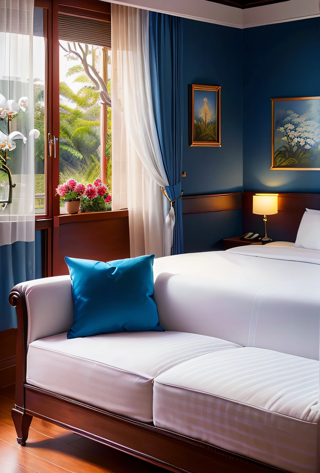 um lindo quarto de hotel cinco estrelas, with luxurious décor in shades of blue and white, a lot of comfort and a feeling of coziness, iluminado, richly decorated with white orchids and French roses, Feeling of peace.