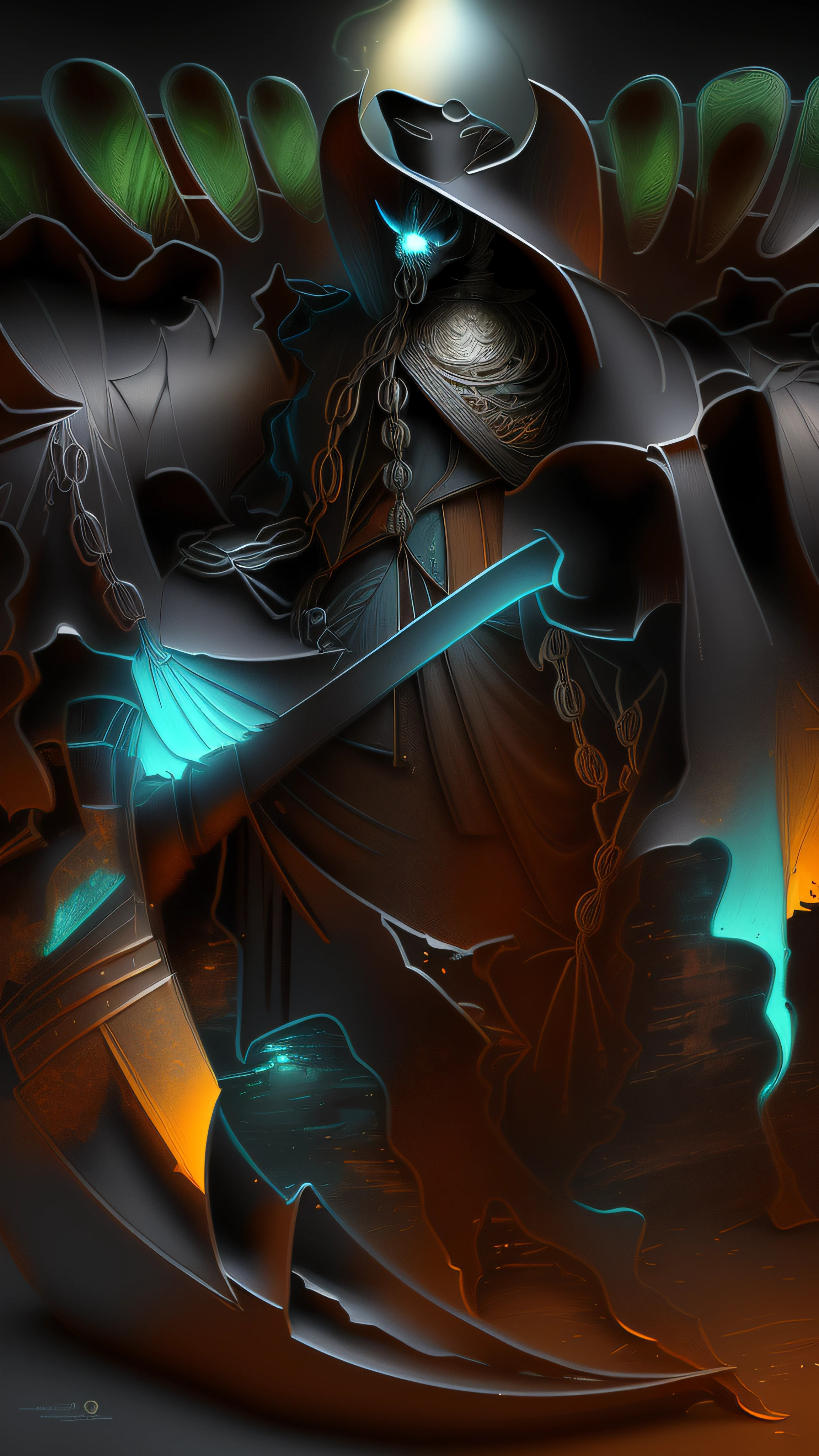 there is a man in a costume holding a sword in a forest, pintado como uma arte conceitual de jogo, arte de fantasia digital 3d detalhada, manto texturizado de tecido antigo medieval, Vencedor do concurso Polycount, arte conceitual estilizada, arte conceitual sombria, arte conceitual acabada, Vencedor do concurso Artstation, cavaleiro morto-vivo, arte conceitual arcana, Epic Fantasy Digital Art Style, representation of Death, foice reluzente, 3D-rendering, Raytraced, ray-traced, Fulgurar, Bokeh, NVIDIA