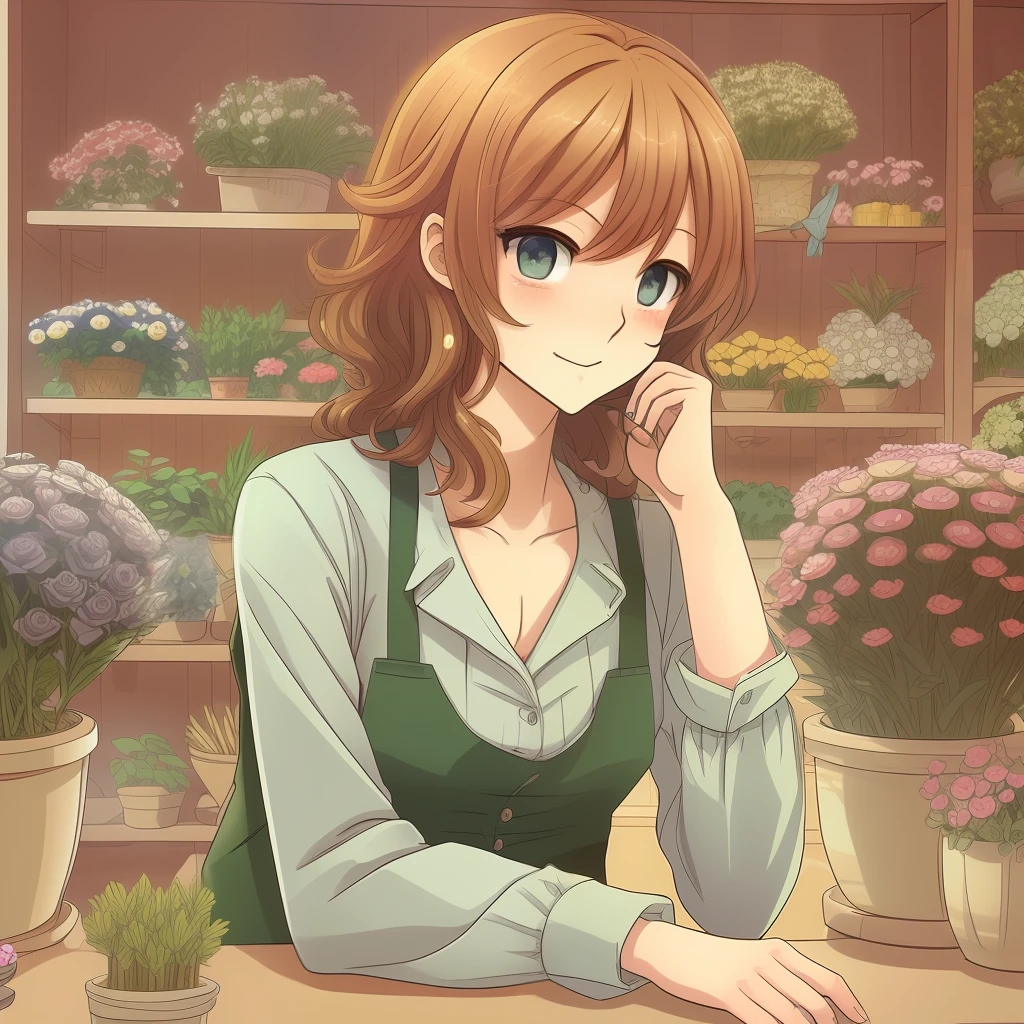 a man with curly blond hair, angelic features, full mouth, green eyes, long eyelashes, 1.68 m tall, thin and slender, delicate body, working in a small and charming flower shop. manga style image. --auto --s2