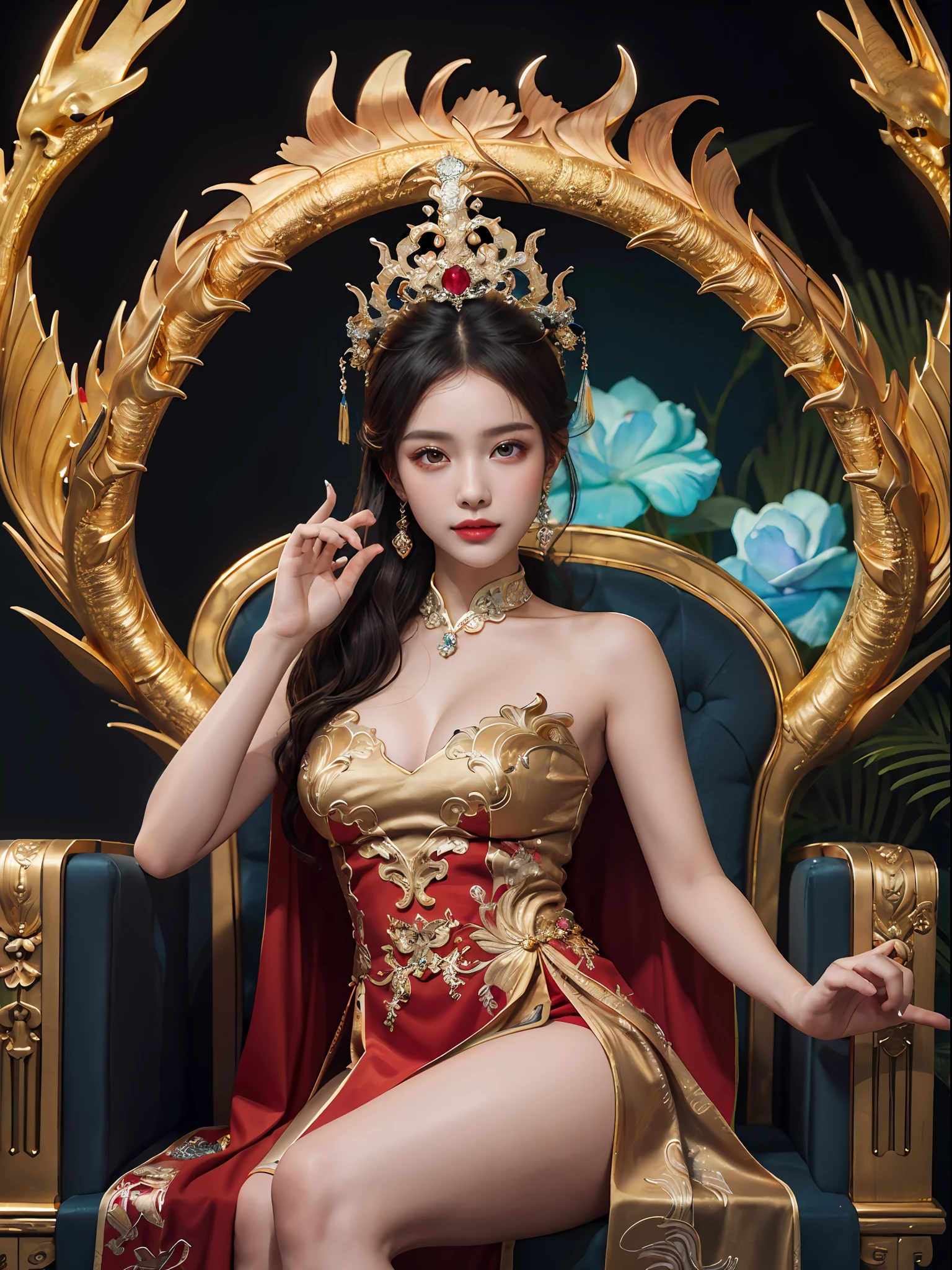 A Chinese girl sitting on a throne, a throne encrusted with precious stones, surrounded by Chinese phoenix beasts, gold and ruby color, unique monster illustration, Dau al set, high resolution, a painting, dense composition, playful repetition, precious stones, crystals, gold, detailed paintings, unique monster illustrations, super fine details, realistic, super high resolution, complex, super detail, (skin dents), cute, feminine, detailed body, (Detailed face: 1.1), (contoured iris), (watercolor lenses), (perfect eyes), 4k, gorgeous, (masterpiece: 1.2), (best quality: 1.2), gorgeous long dress, dynamic pose, rich colors, film light and shadow，red and golden clothes