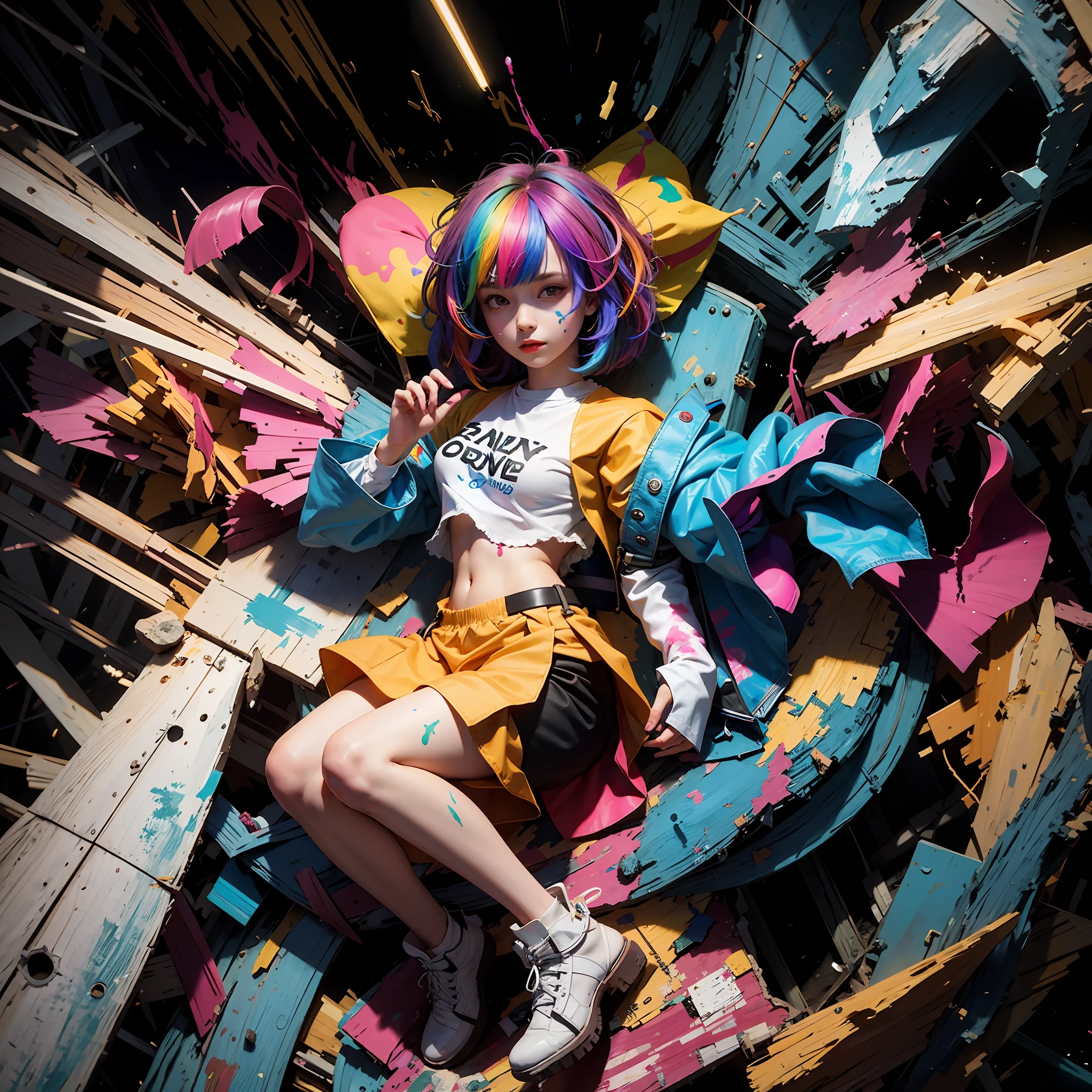 Rainbow paint,A girl made entirely of rainbow paint,Completely painted,1girll,All rainbow paint,hdr,(Complicated details,ultra detali:1.15),gorgeous lights,rainbowing,paint splatter,spatter,Very rainbow,Very Colorful,neons,paint drops,Rainbow paint background,Colorful background,Short colored hair,bob-cut hair,smallunderboob,flatchest,shortsleeves,T- shirt