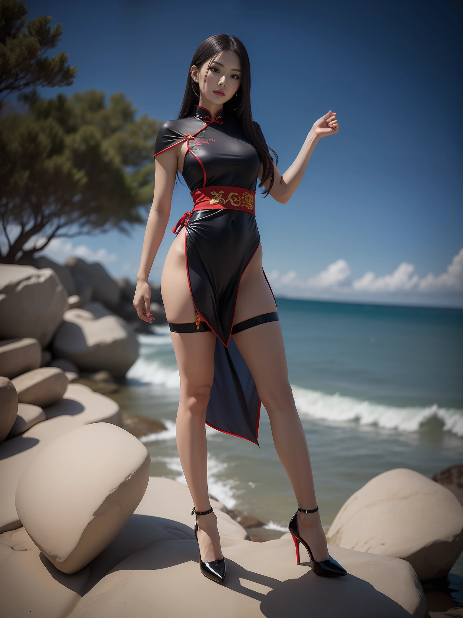 Woman in blue and red cheongsam standing on a rock by the sea, 《dragonball》Kiki in , posing ready for a fight, mai shiranui, elegant cinematic pose, fighting game character, character posing,Shawl hair,black suspenders stockings,Patent leather red soled high heels