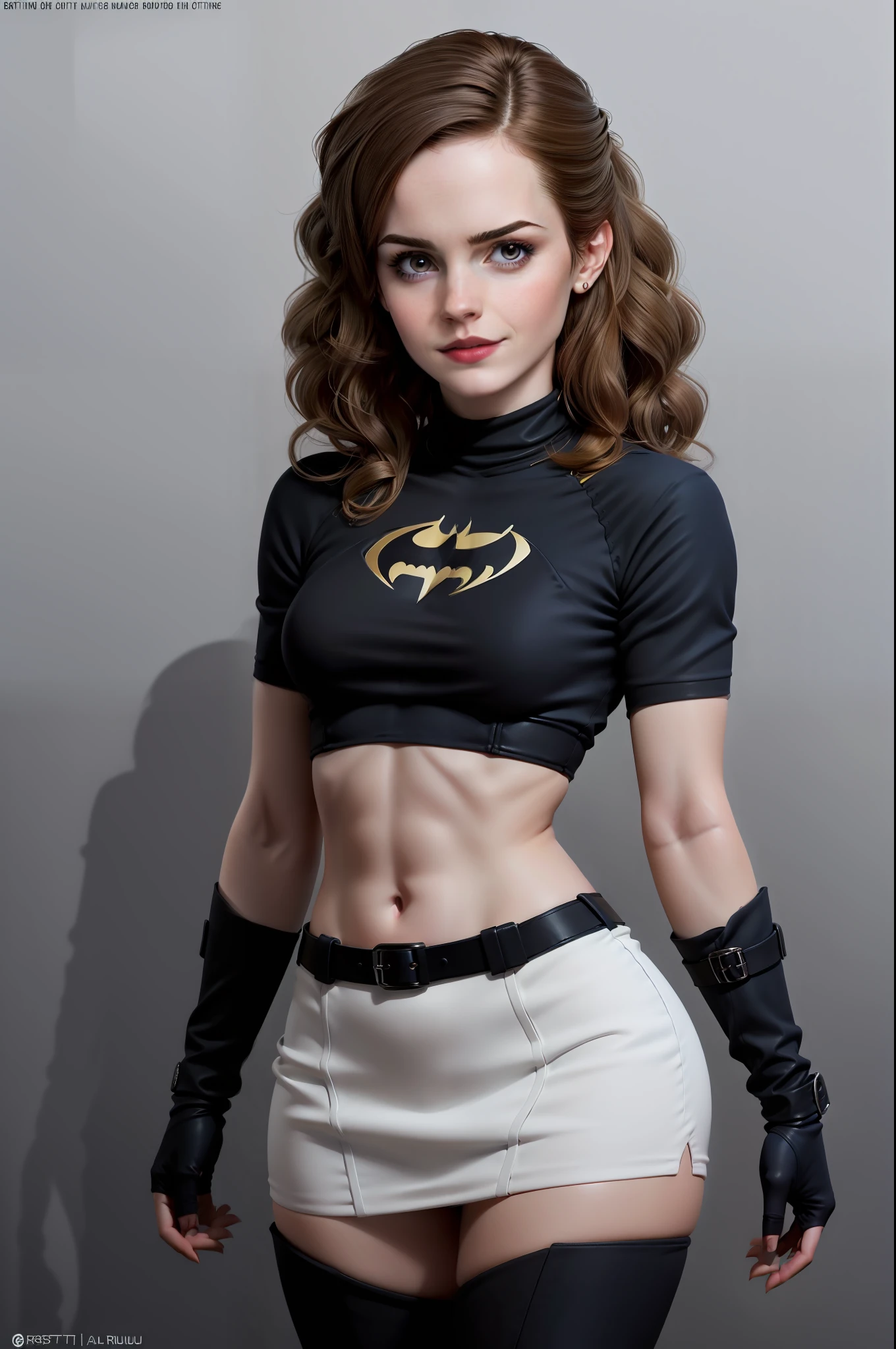 Sexy Batgirl cabello rubio largo y ojos azules, Banda de pelo negro, croptop blanco, manga corta, capa roja, blue pencil skirt, botas rojas, Guantes blancos