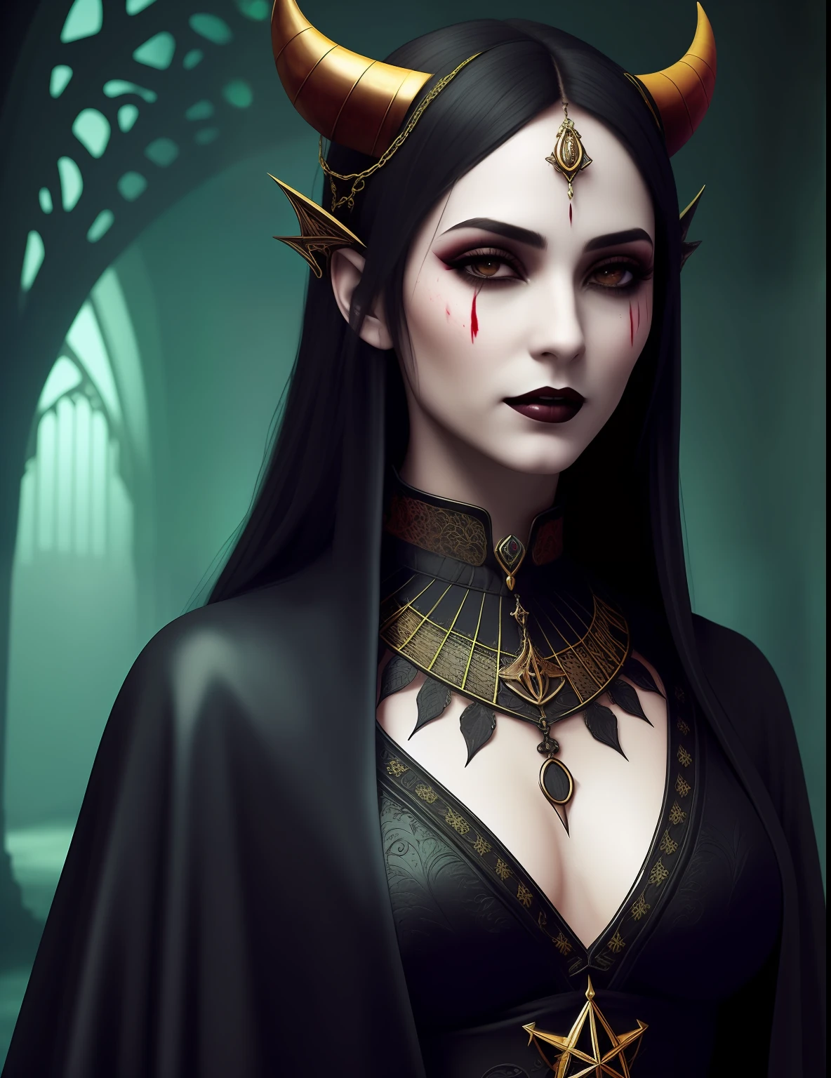 Hiperrealista. Mujer vampiro, boca entreabierta de forma sensual, mostrando los colmillos. Pechos no muy grandes. Dress in a very sensual gothic way. Morena, ojos azules muy claros. Trickle of blood sliding down the corner of his lips as he smiles.