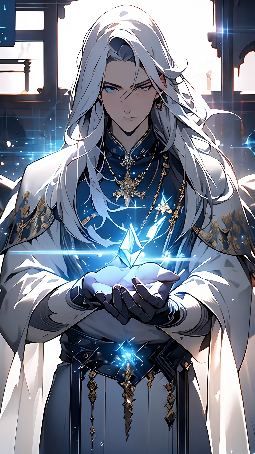Libido boy,Young men,Super detailed wallpaper,Hi-Def,Best Quority,Snow and ice theme,Photorealistic photorealism,s fractal art,With light particles and volumetric light effects,crystal shards,Rendering,Ice and snow scenes,(crystal hair),Land of gems,(((Transparent hair))),Simple white clothes,long white robe,holy glow,Dingdall effect