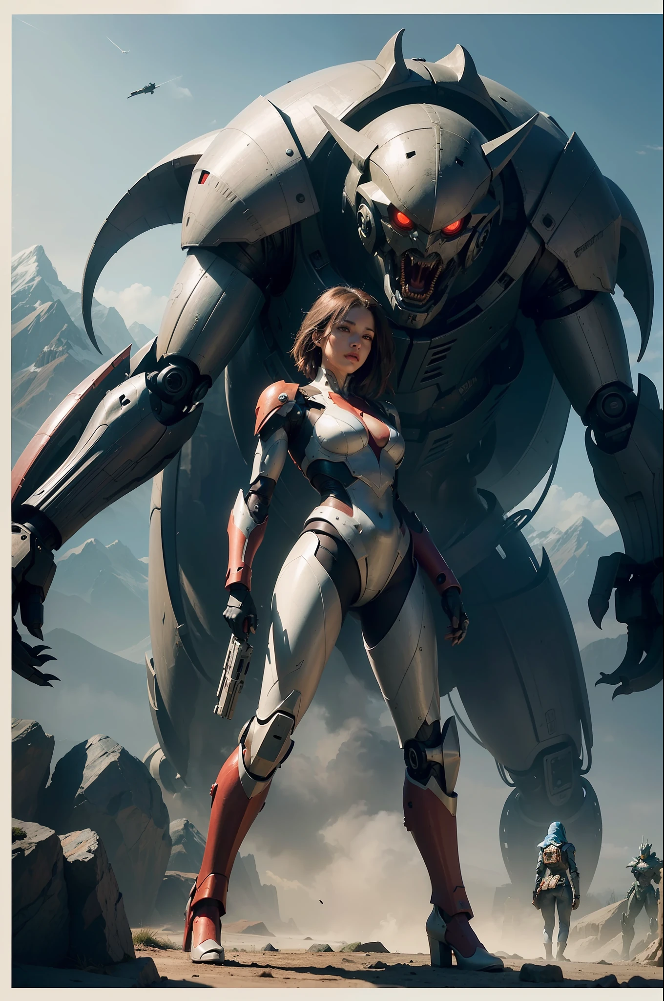 (Matte painting,Highly detailed characters,The figure is placed on the mountain,Huge alien monsters are in front of the characters):(Author: Makoto Shinkai+Written by Artgerm+Author wlop+Written by Greg Rutkowski+Volumetriclighting+rendering by octane+4k+ Artstation trends+tmasterpiece),(The mecha in the picture on the other side,Mechs are shooting monsters),depth of fields