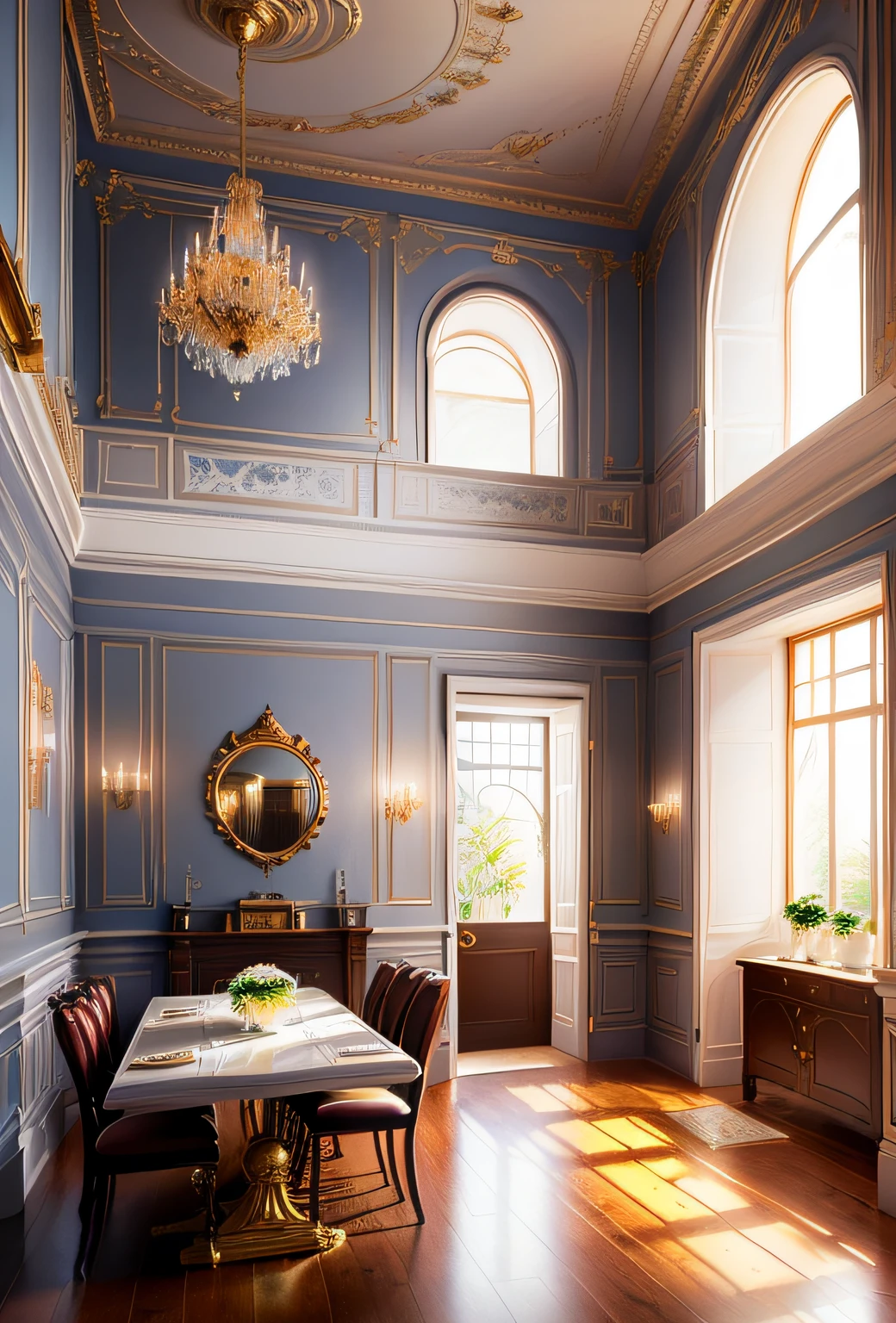 Sala de estar elegante em uma casa de estilo europeu, with exquisite details of interior decoration and furniture, a large large window overlooking a sunny terrace, iluminando a sala com a luz do sol do meio-dia. The color palette is composed of soft pastel tones, while the gold details bring glamour and elegance.