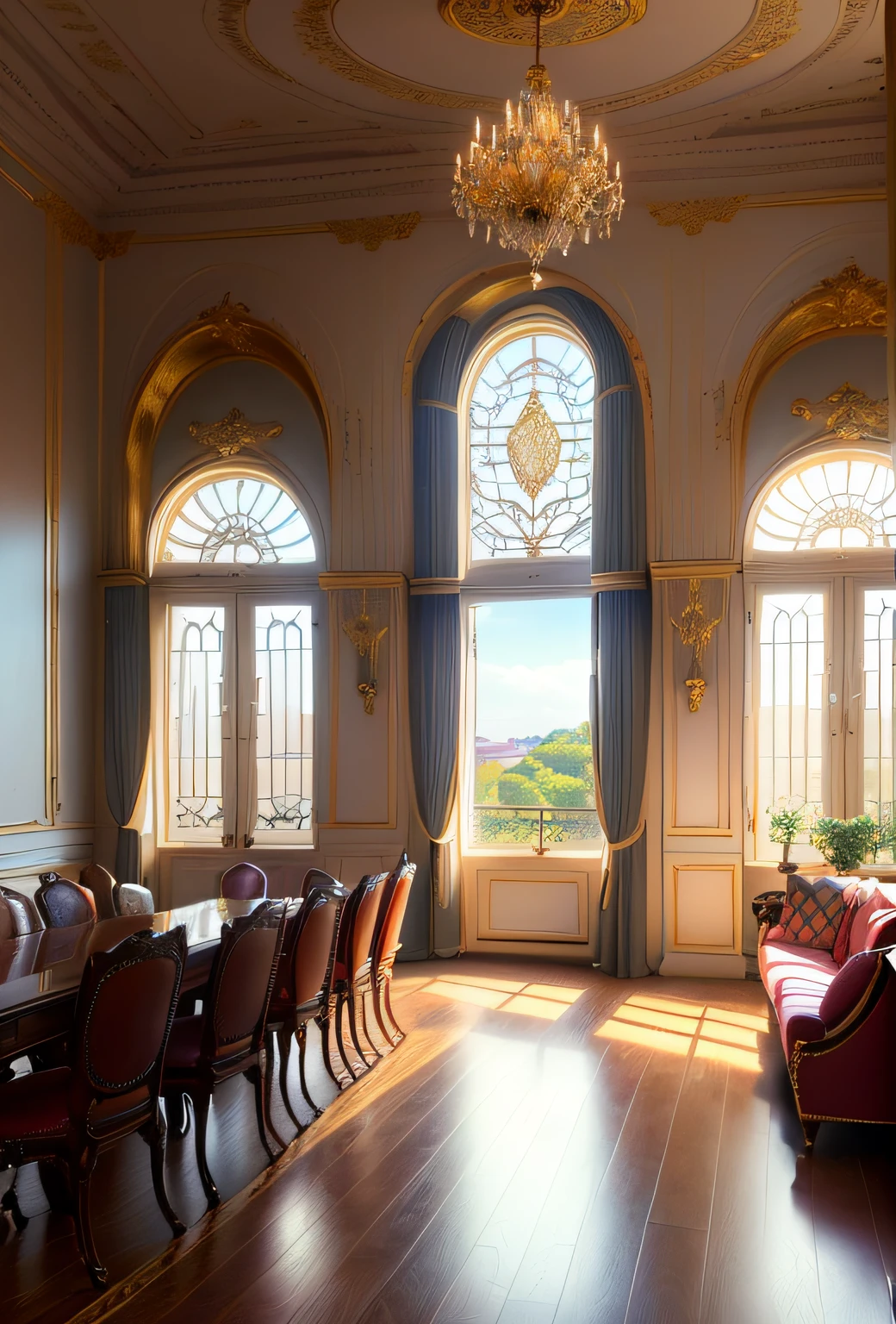 Sala de estar elegante em uma casa de estilo europeu, with exquisite details of interior decoration and furniture, a large large window overlooking a sunny terrace, iluminando a sala com a luz do sol do meio-dia. The color palette is composed of soft pastel tones, while the gold details bring glamour and elegance.