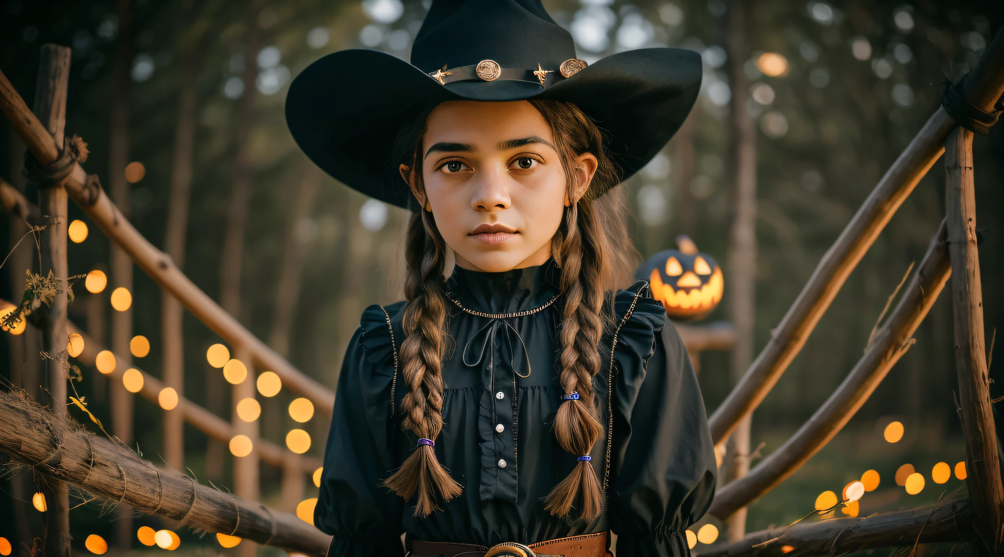 arafed girl in a black dress and hat with braids, bruxa cowboy bonita, Retrato de uma jovem bruxa, Retrato de uma jovem bruxa, Em um estilo de Halloween, vestido como um xerife ocidental, bruxa, vaqueira, Meninaem roupas steampunk, foto de retrato em close-up, Cowgirl ocidental, foto de retrato, Retrato de uma bruxa, wearing black witch hat