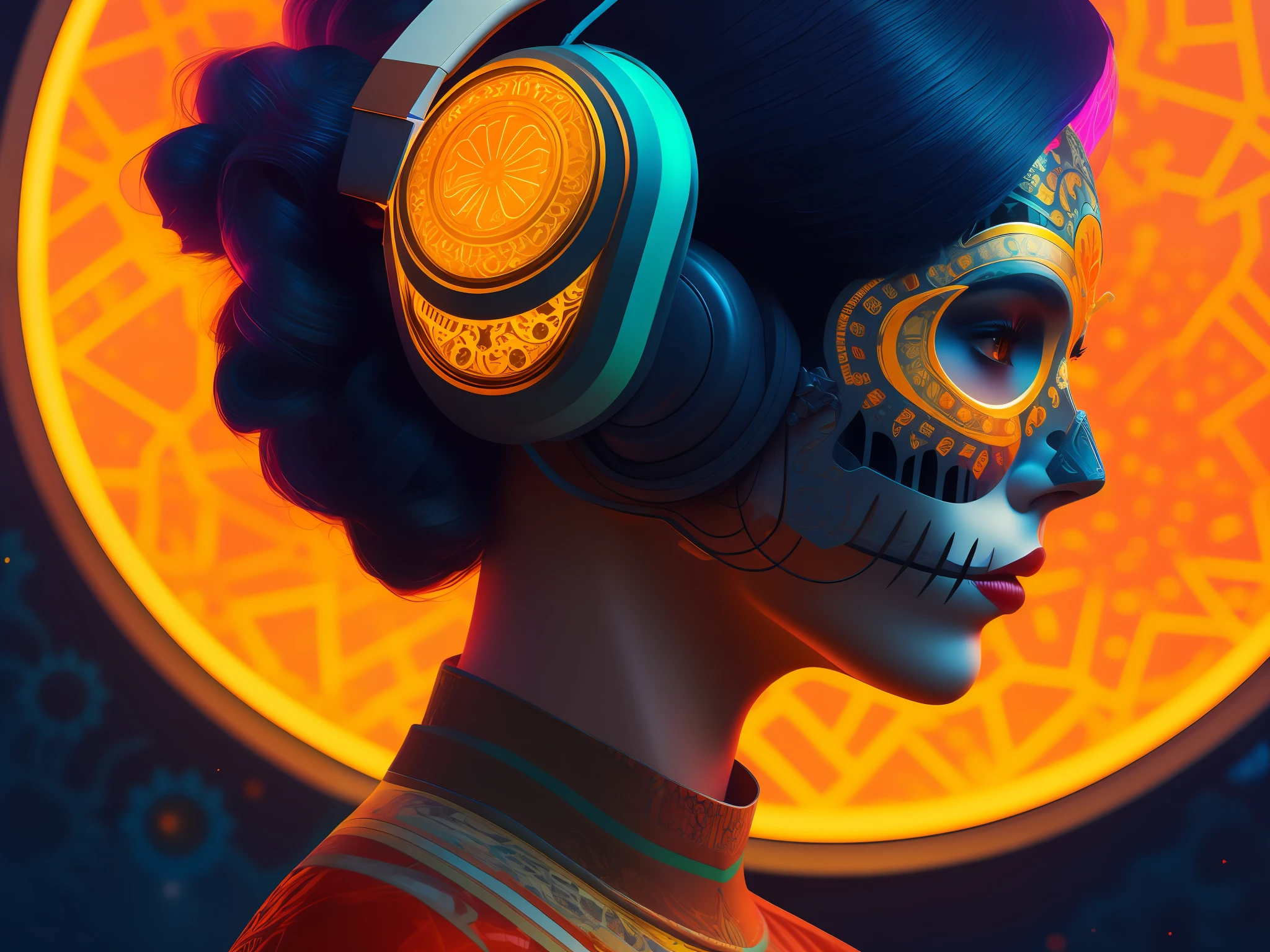 Ultra detalhado bonito androide feminino usando headphone, retrato lateral, foco nítido, retrato vfx altamente detalhado, geometrical forms, global ilumination, por james jean e moebius e artgerm e liam brazier e victo ngai e tristan eaton. arte vetorial, digital illustation, arte conceitual, dia de los muertos. 8 K, HDR