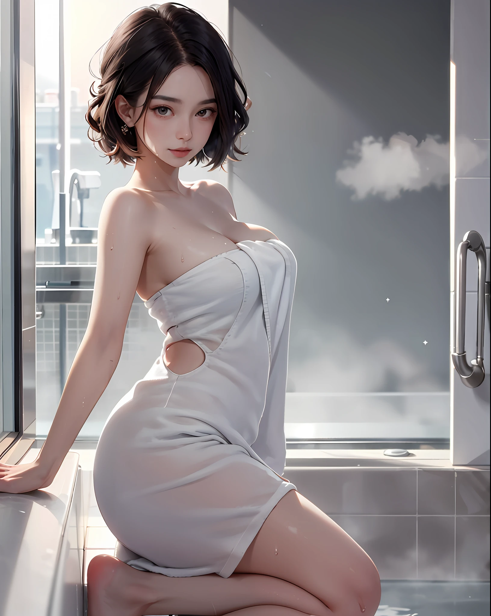 1girll,In the bath,Banana in hand,Delicate and beautiful face,Various hairstyles,crisp breasts,Convex buttocks,Wrapped in a soaked bath towel,perfectly proportioned, 浴室,vapour,bathtub,Cinematic lighting, filmgrain, Fujicolor, lightand shade contrast, 8K, 巨作, Textured skin, Super detail, hoog detail, High quality, A high resolution,