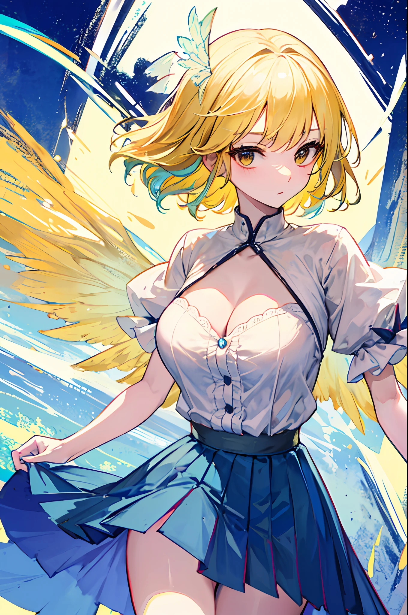 Best picture quality，magnifica，touhou character，Eastern Project，Western，Red pleated dress with short white sleeves，Yellow neckline，Wings with colored crystals，Yellow hair，Delicate skin，Lori huge breasts cleavage，