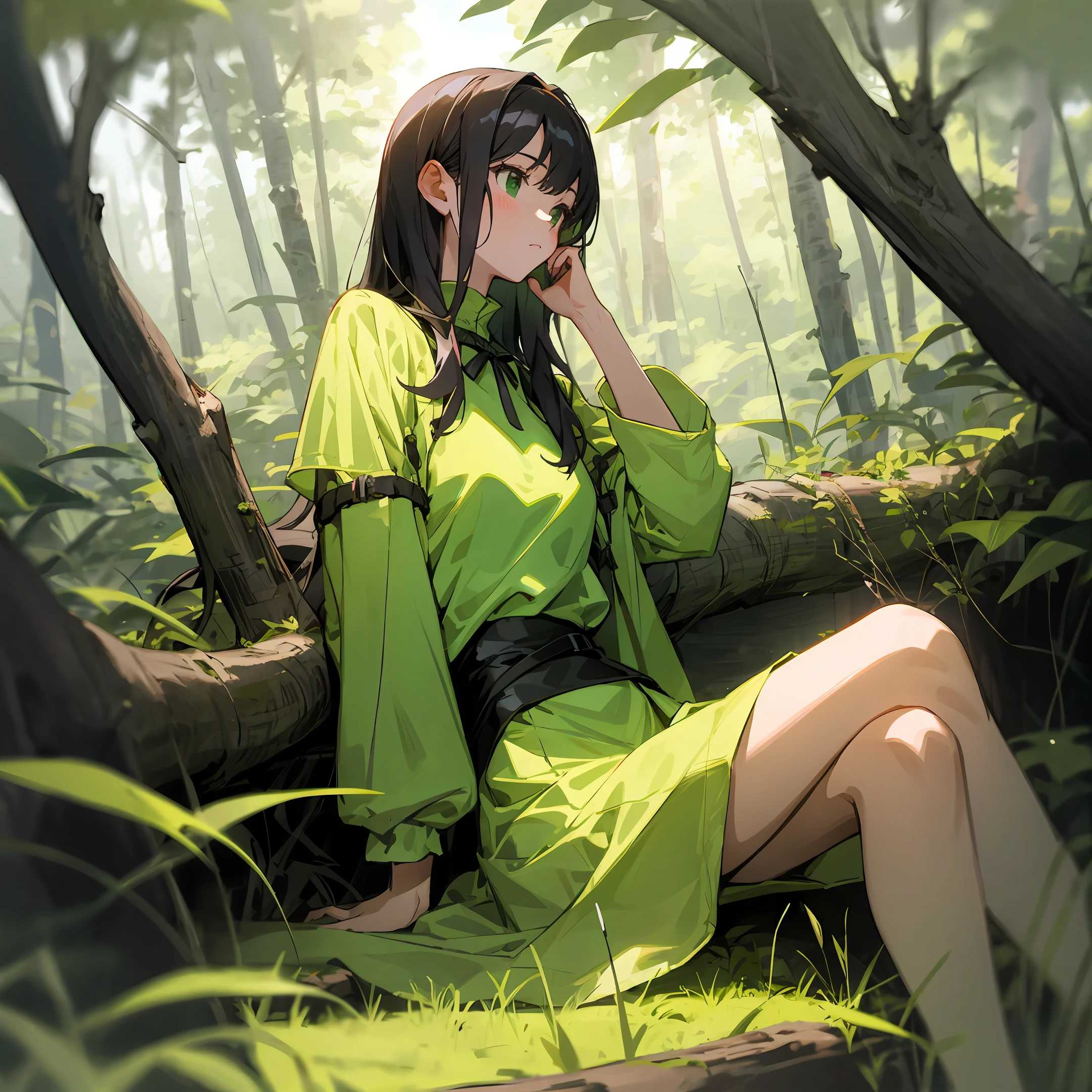 A girl dressed in green，Sit in the middle of the woods