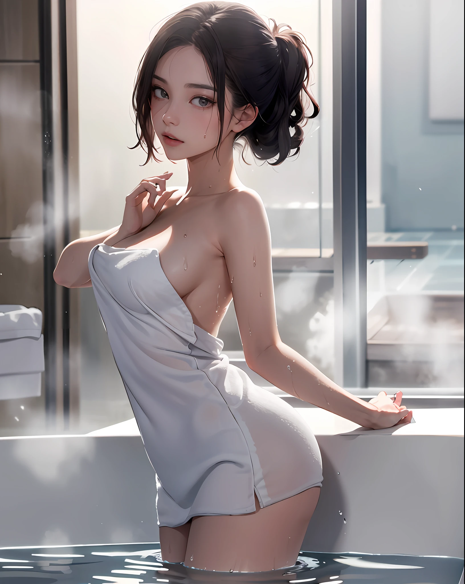 1girll,In the bath,Banana in hand,Delicate and beautiful face,Various hairstyles,crisp breasts,Convex buttocks,Wrapped in a soaked bath towel,perfectly proportioned, 浴室,vapour,bathtub,Cinematic lighting, filmgrain, Fujicolor, lightand shade contrast, 8K, 巨作, Textured skin, Super detail, hoog detail, High quality, A high resolution,