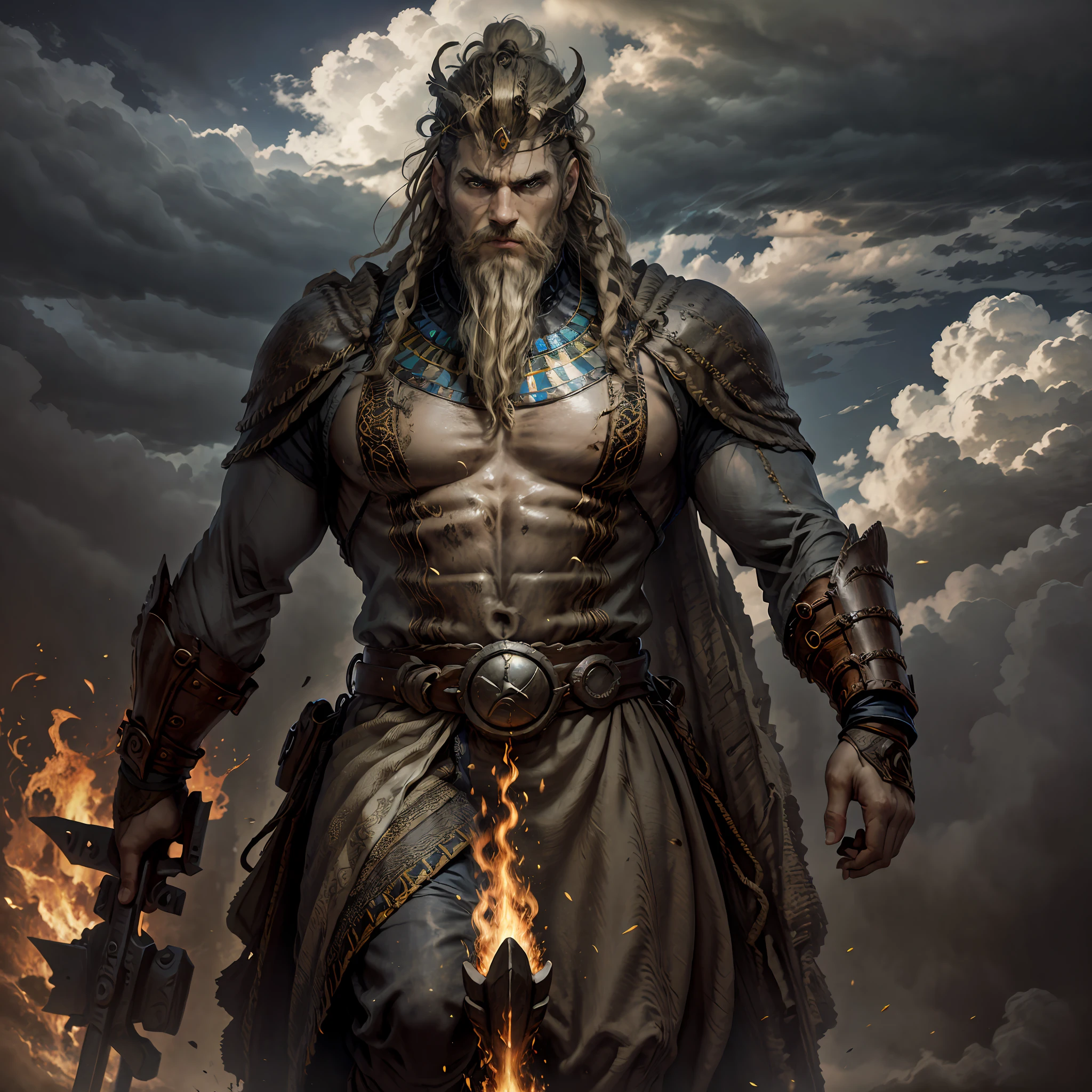 A man in heavy Egyptian armor, a giant with a very long black braided beard, standing furiously to the left, Egyptian pyramids, sandstorms, fire in the sky, an iron spear in his hand, Ahriman and supervillain, God, God of Egypt, Strong man, high quality, 4k, flawless, ((Masterpiece,Best Quality)), ((Cinematic Light)), (Real:1.3) --auto