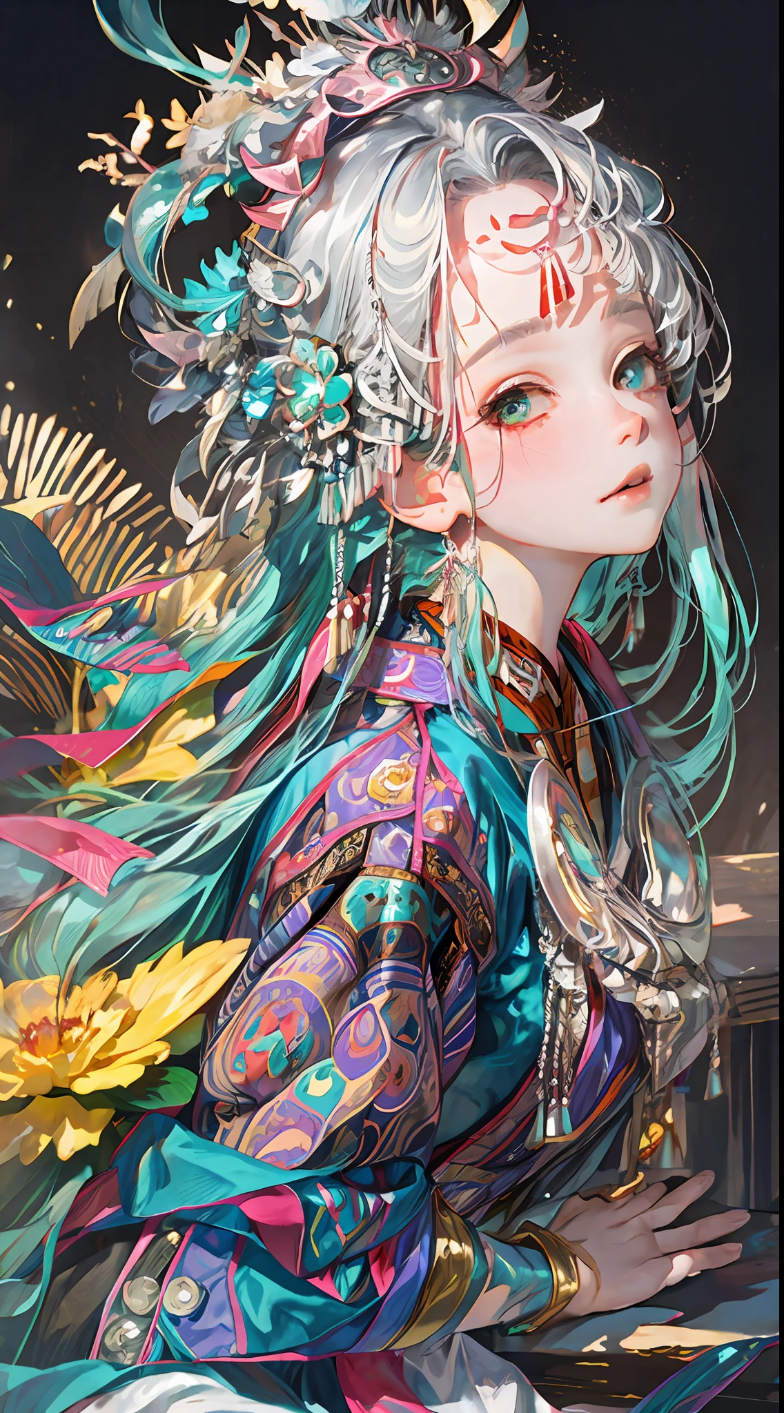 an illustration of a woman in traditional chinese costume, in the style of anime aesthetic, 32k uhd, blink-and-you-miss-it detail, beautiful, anime-inspired characters, beige and aquamarine, close-up,