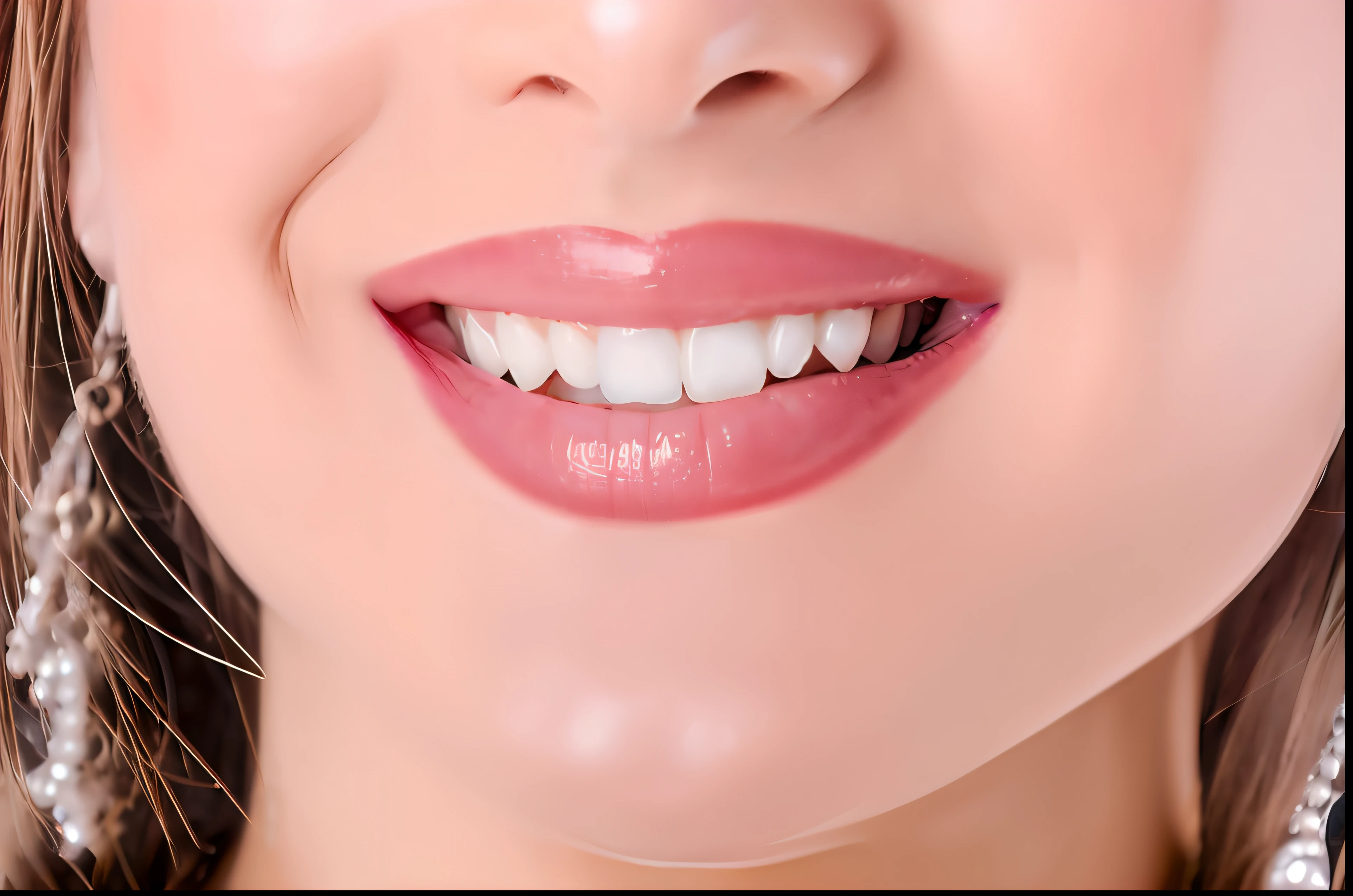 there is a woman with a smile on her face and a pair of earrings, smiling soft vibrant lips, dentes brancos bonitos, boca sorridente, mouth is simple and pleasant, ela tem dentes brancos perfeitos, Desafios dos dentes brancos, solid smooth teeth, sorriso perfeito, sorriso com grandes dentes da frente, sorriso e dente perfeitos, sorriso grande dentes brancos, dentes brancos
