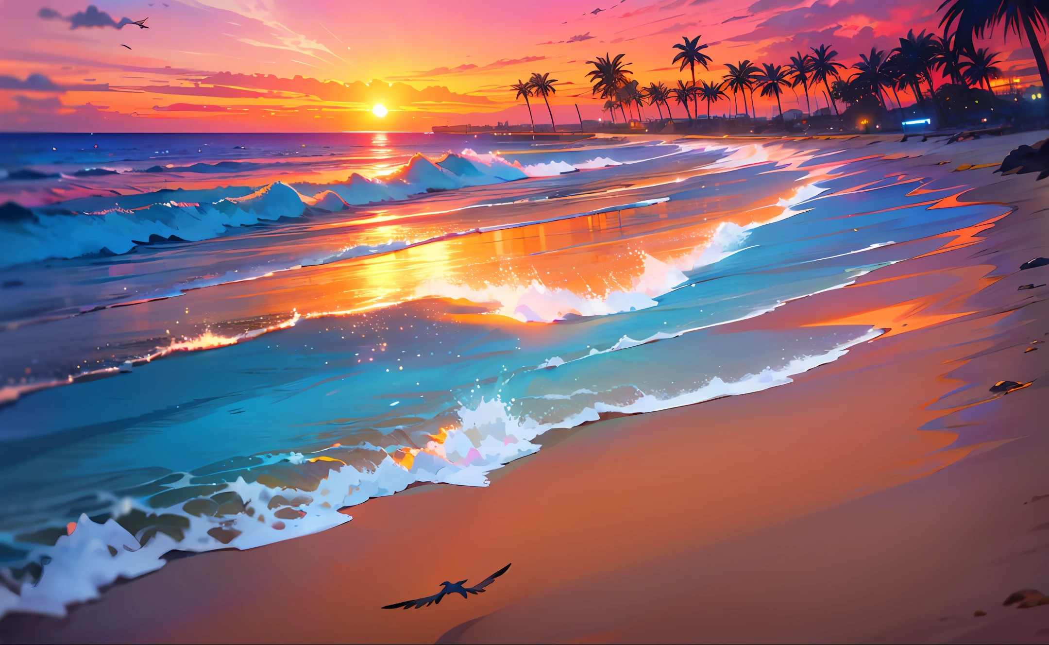 An absolutely mesmerizing sunset on the beach, with a mix of orange, pink, and yellow in the sky. The water is crystal clear, gently kisses the coast, and the white sand is endless. The scene is dynamic and breathtaking, with seagulls soaring high in the sky and palm trees swaying softly. Immerse yourself in the calm atmosphere and let the serenity surround you.