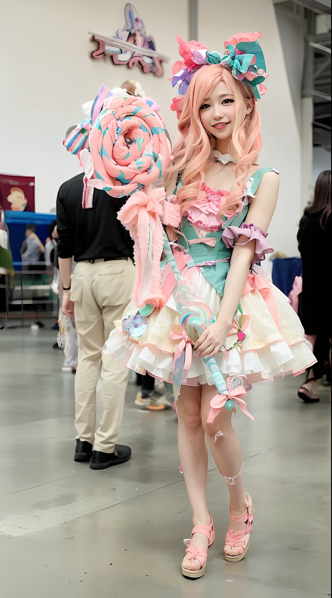 there is a woman in a costume that is holding a lollipop, Lolita style, lolita fashion, candy girl, angelic pretty, decora inspired, rpgmaker, cosplay, candy pastel, style of magical girl, Anime cosplay, portrait of radical lolita girl, kawaii decora rainbowcore, cotton candy, belle delphine, hot topic anime convention, anime convention