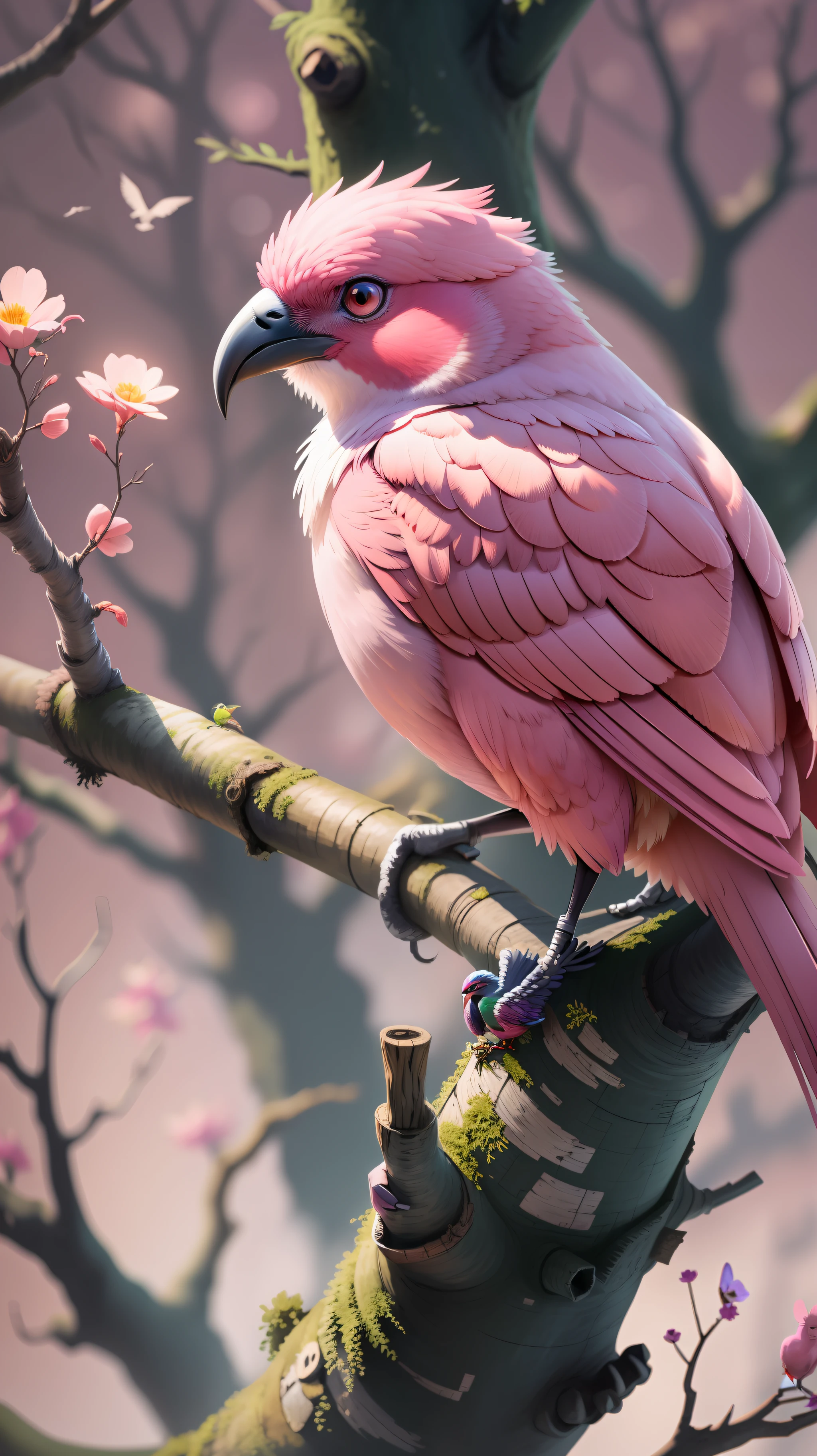 Pink bird sitting in the dead tree,pink bird,high resolution,high quality,dark background